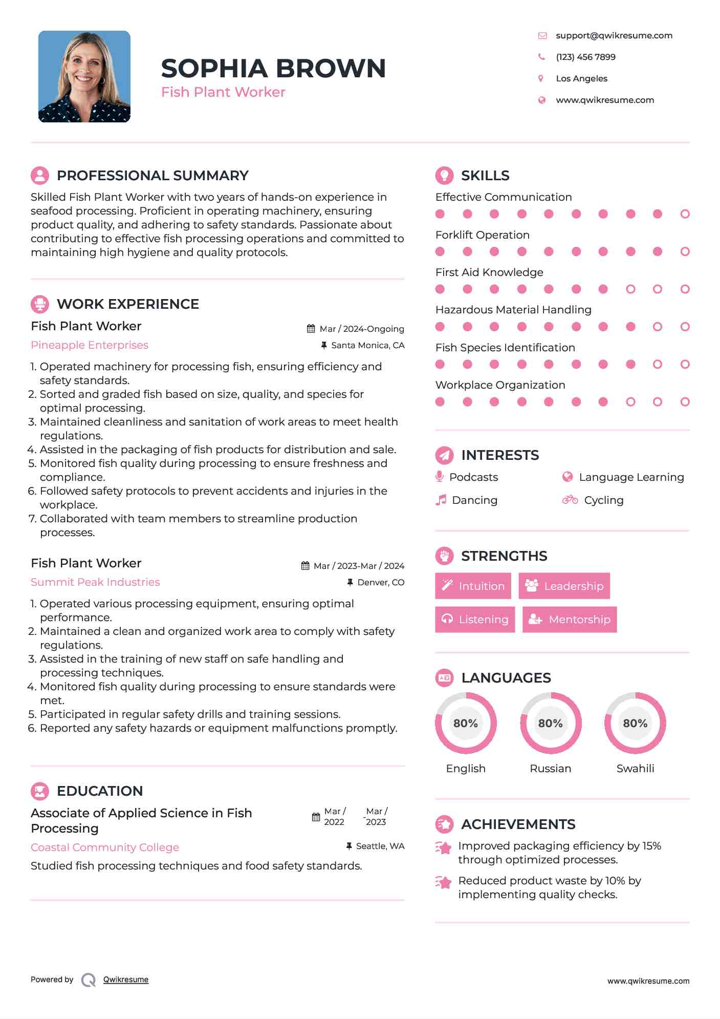 Fish Plant Worker Resume Example