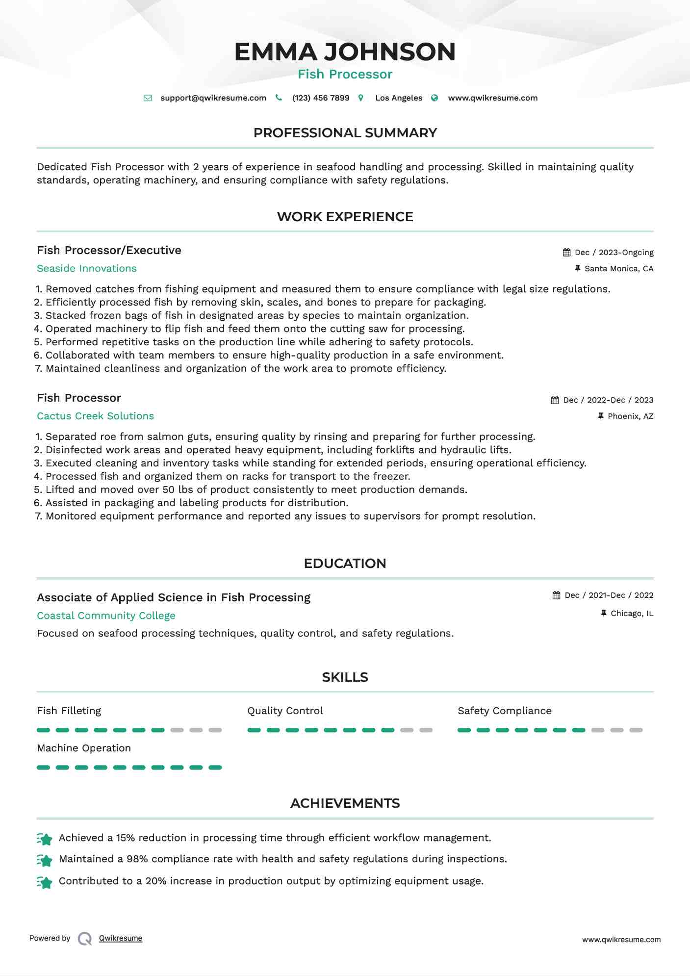 Fish Processor/Executive Resume Model