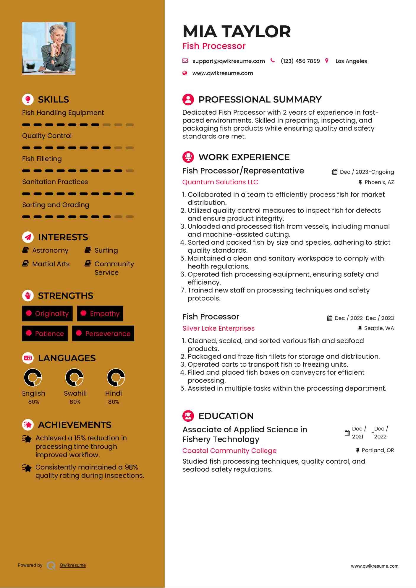 Fish Processor/Representative Resume Model