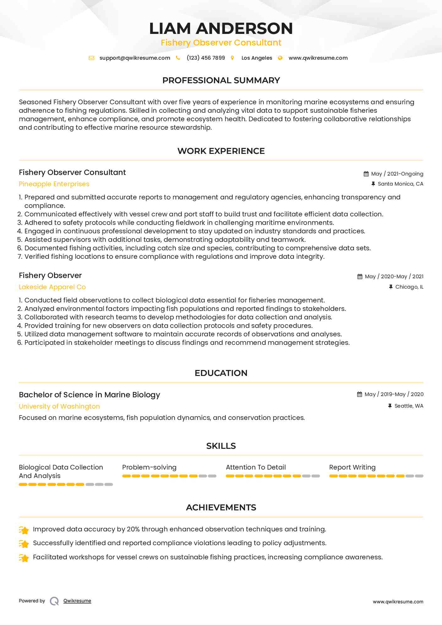 Fishery Observer Consultant Resume Format