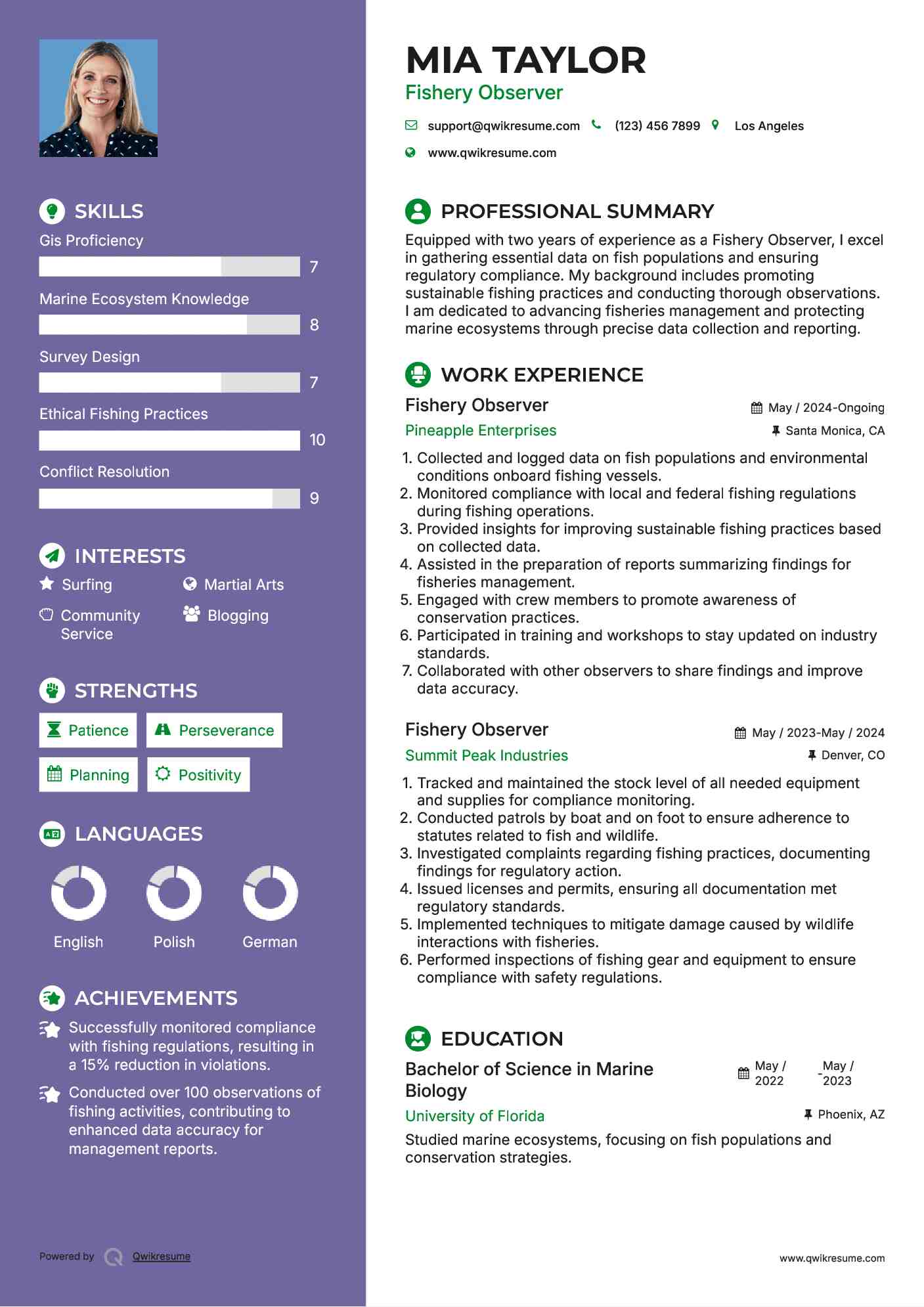 Fishery Observer Resume Example