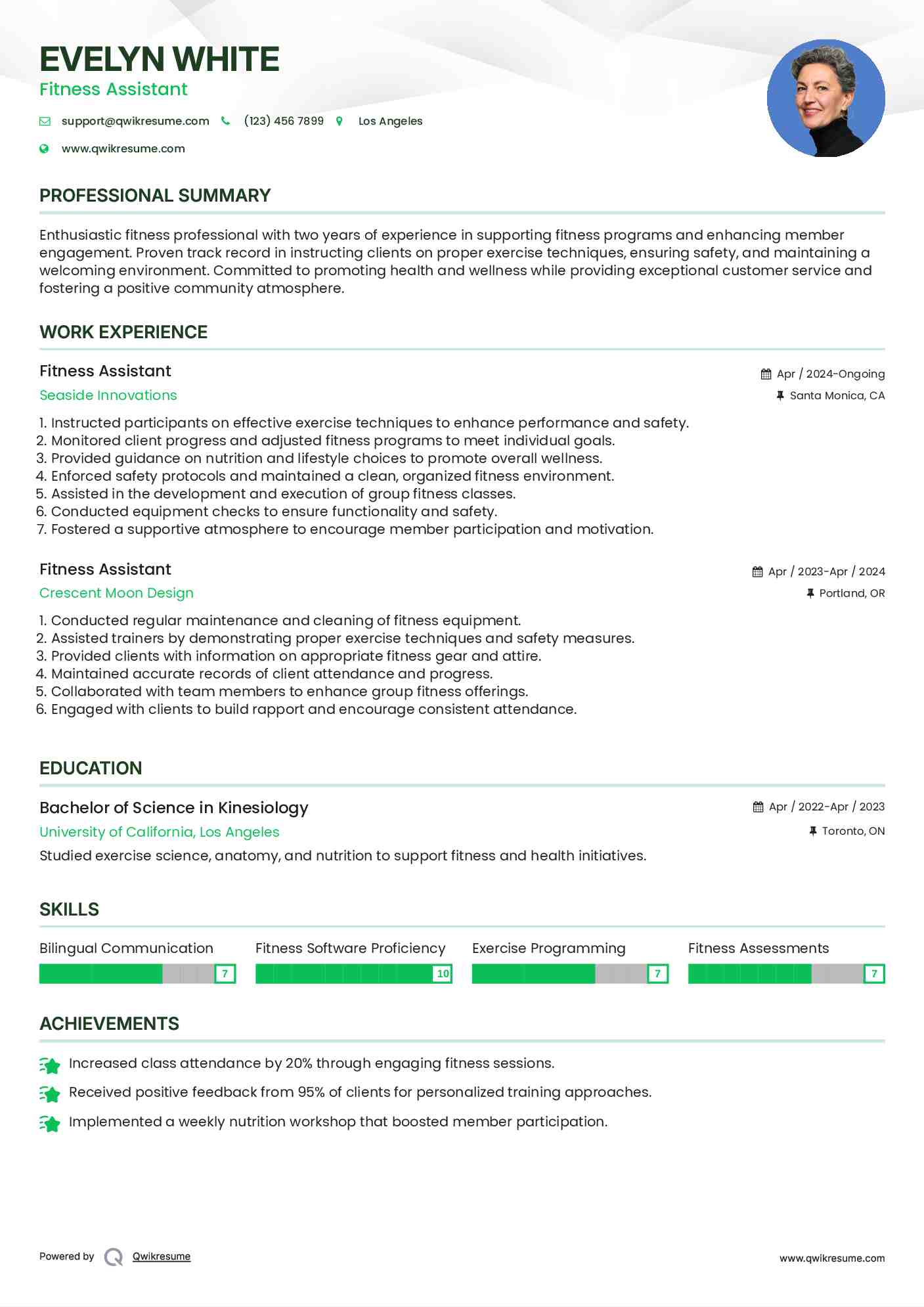 Fitness Assistant Resume Format
