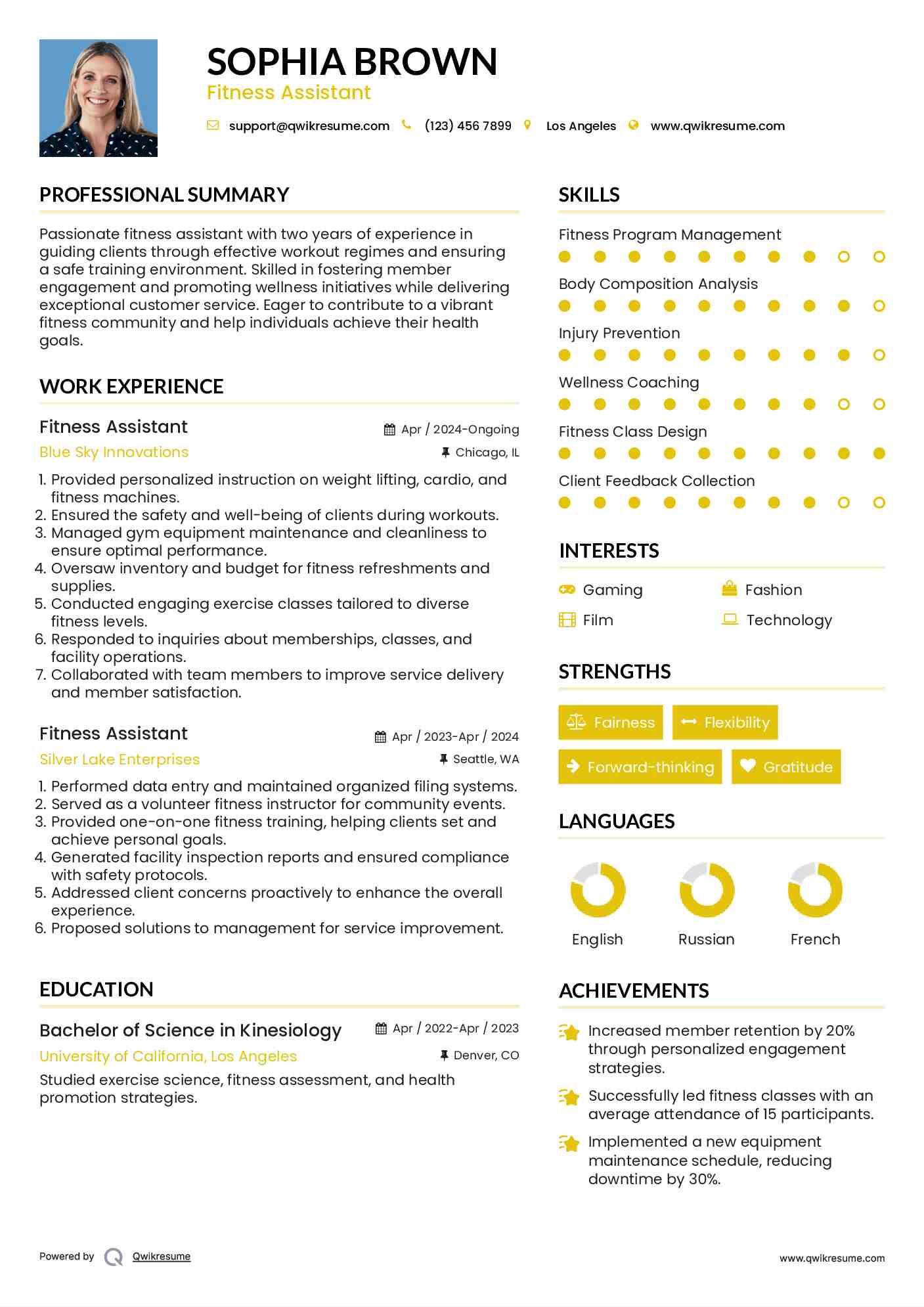 Fitness Assistant Resume Template