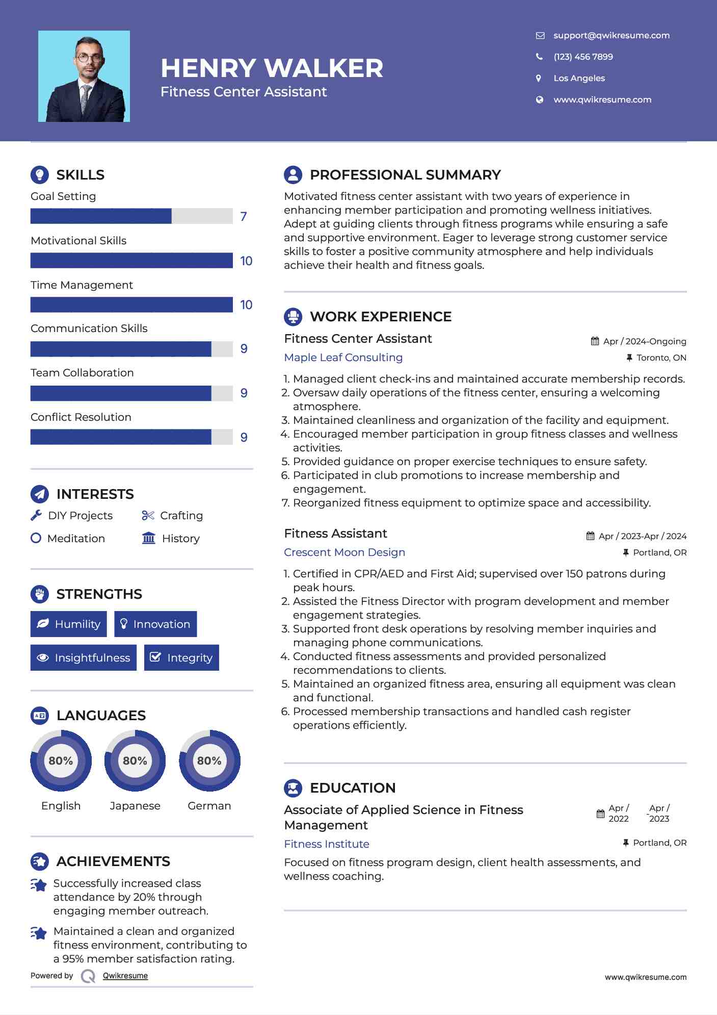 Fitness Assistant Resume Samples | QwikResume