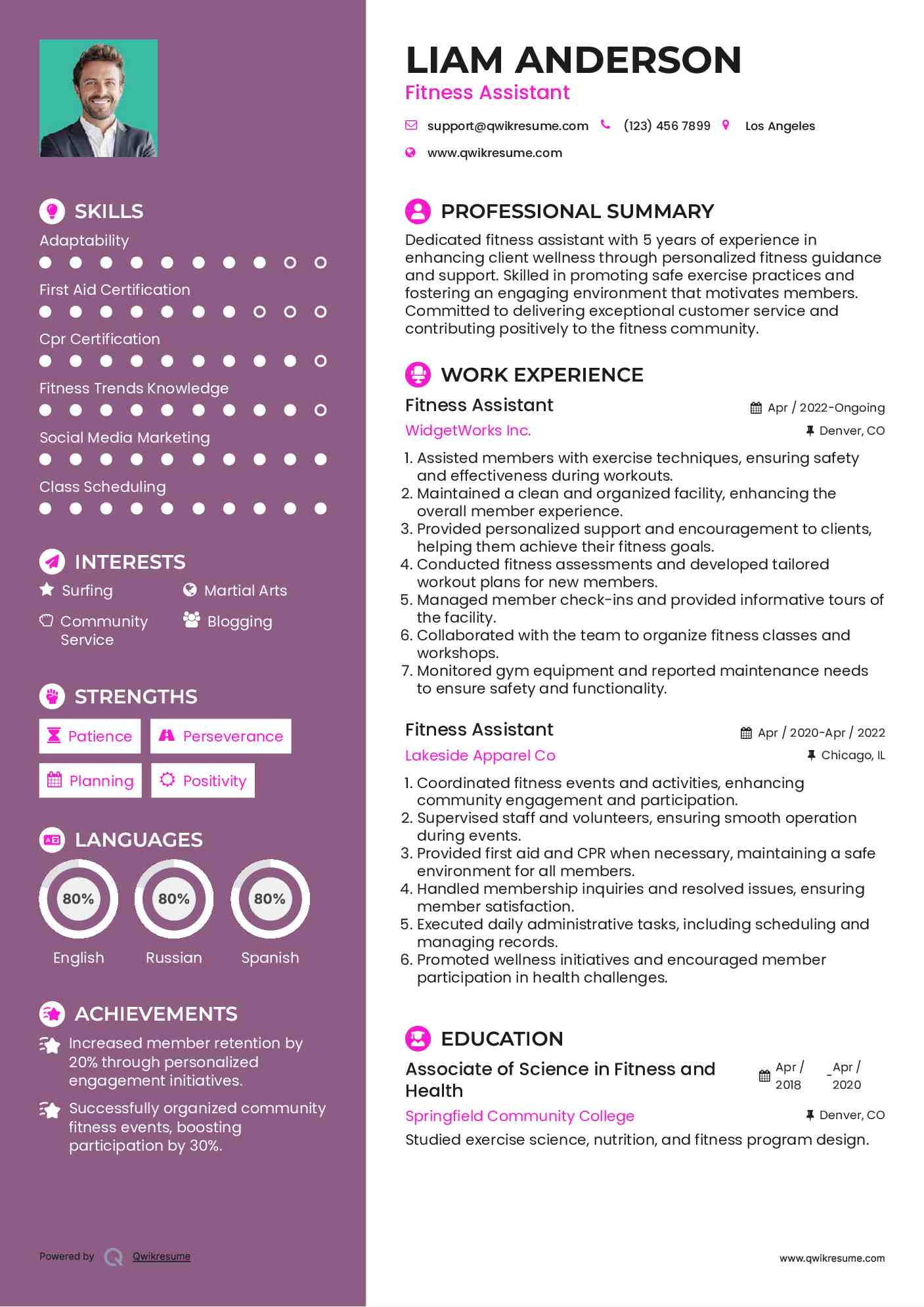 Fitness Assistant Resume Sample