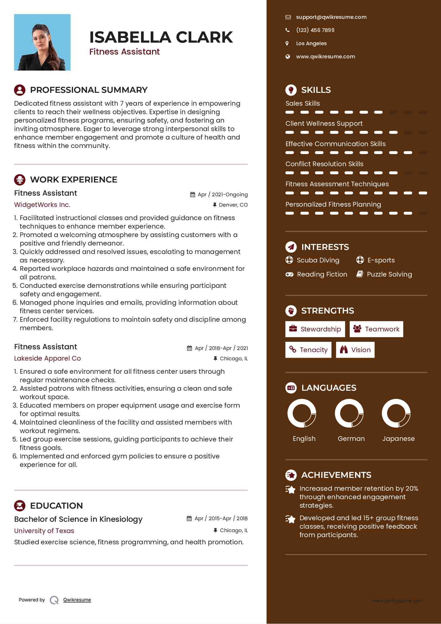 Fitness Assistant Resume Samples QwikResume