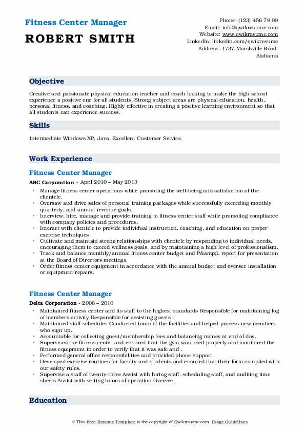 Fitness Center Manager Resume Samples QwikResume