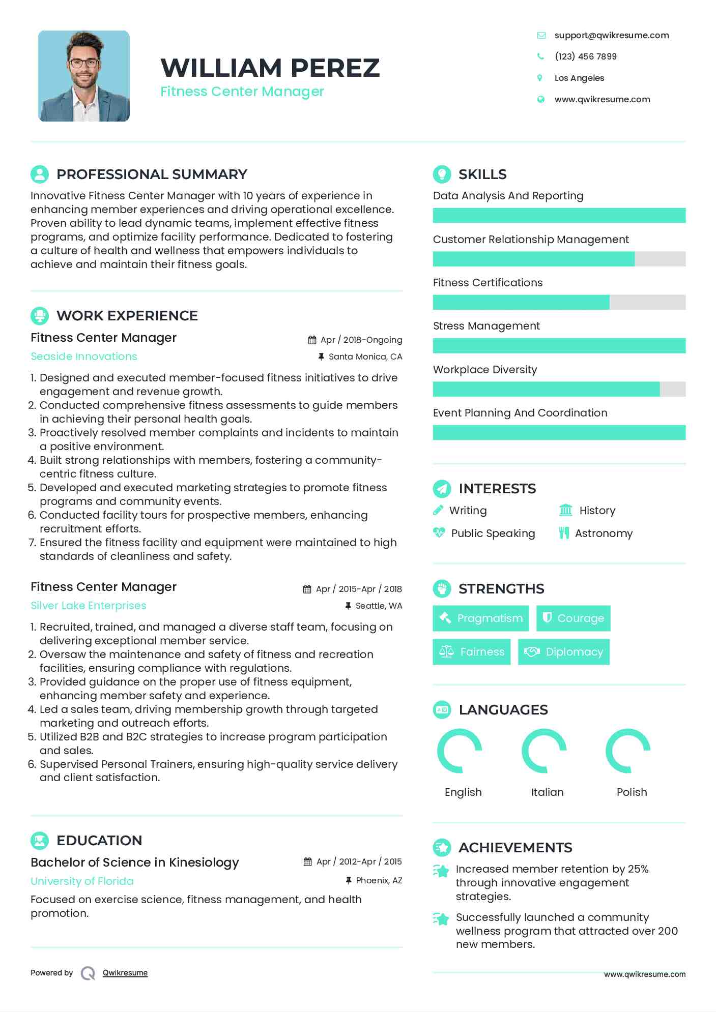 Fitness Center Manager Resume Sample