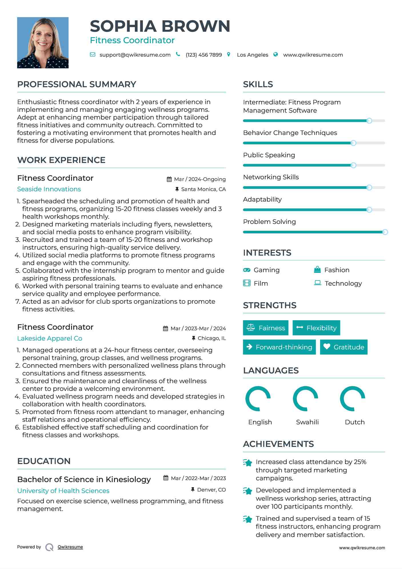 Fitness Coordinator Resume Model