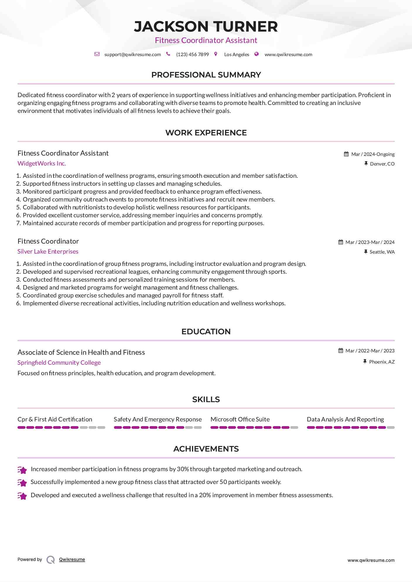Fitness Coordinator Assistant Resume Example