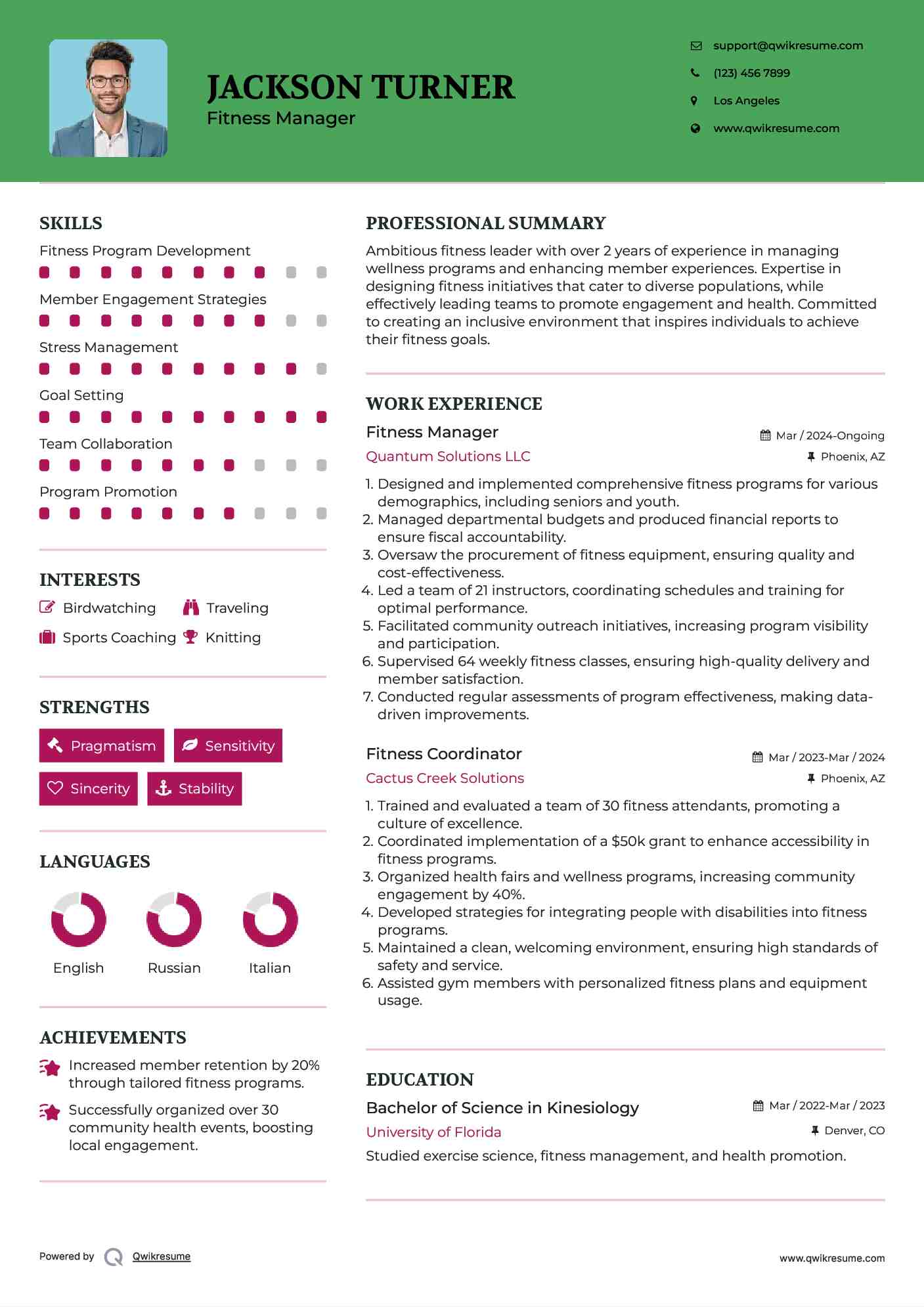 Fitness Manager Resume Format