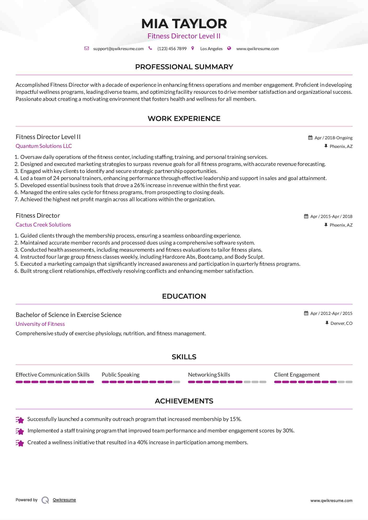 Fitness Director Level II Resume Example