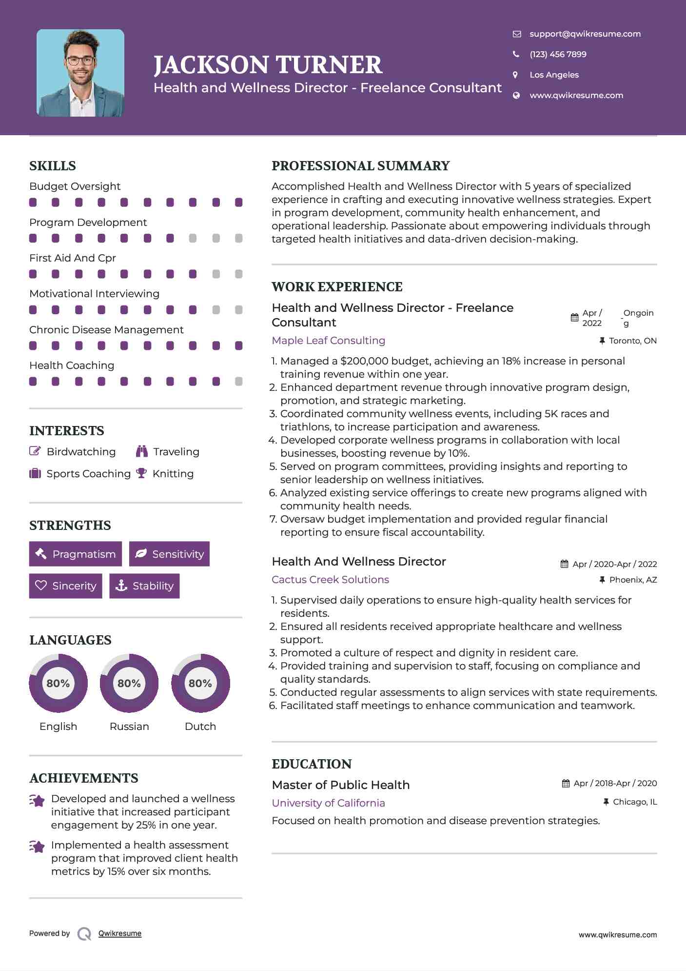 Health and Wellness Director - Freelance Consultant Resume Example