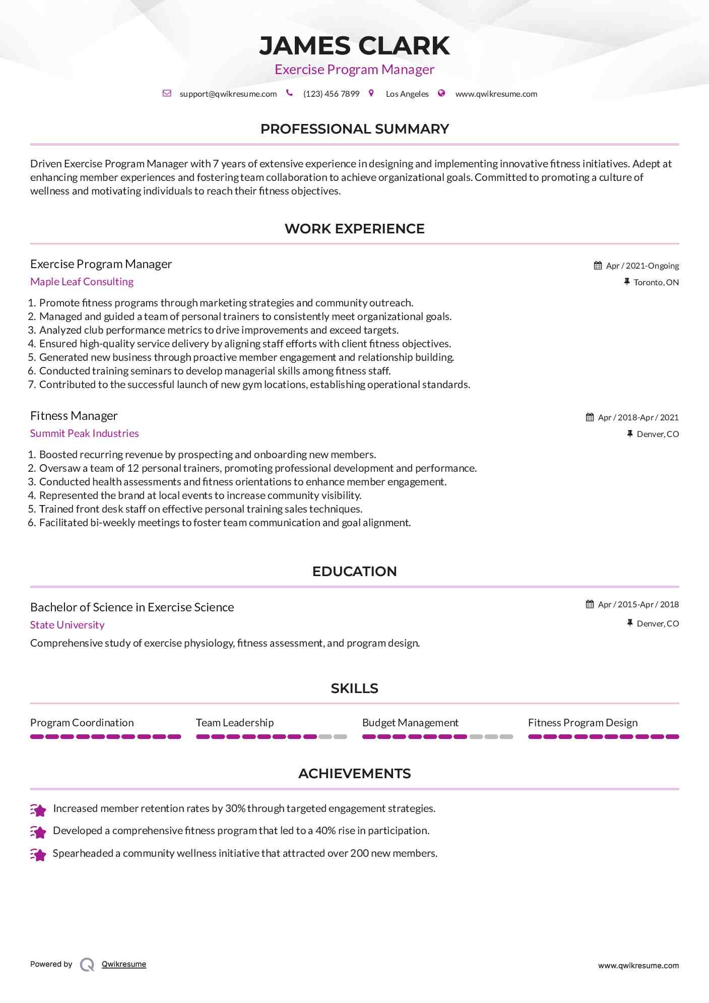 Fitness Manager Resume Samples QwikResume