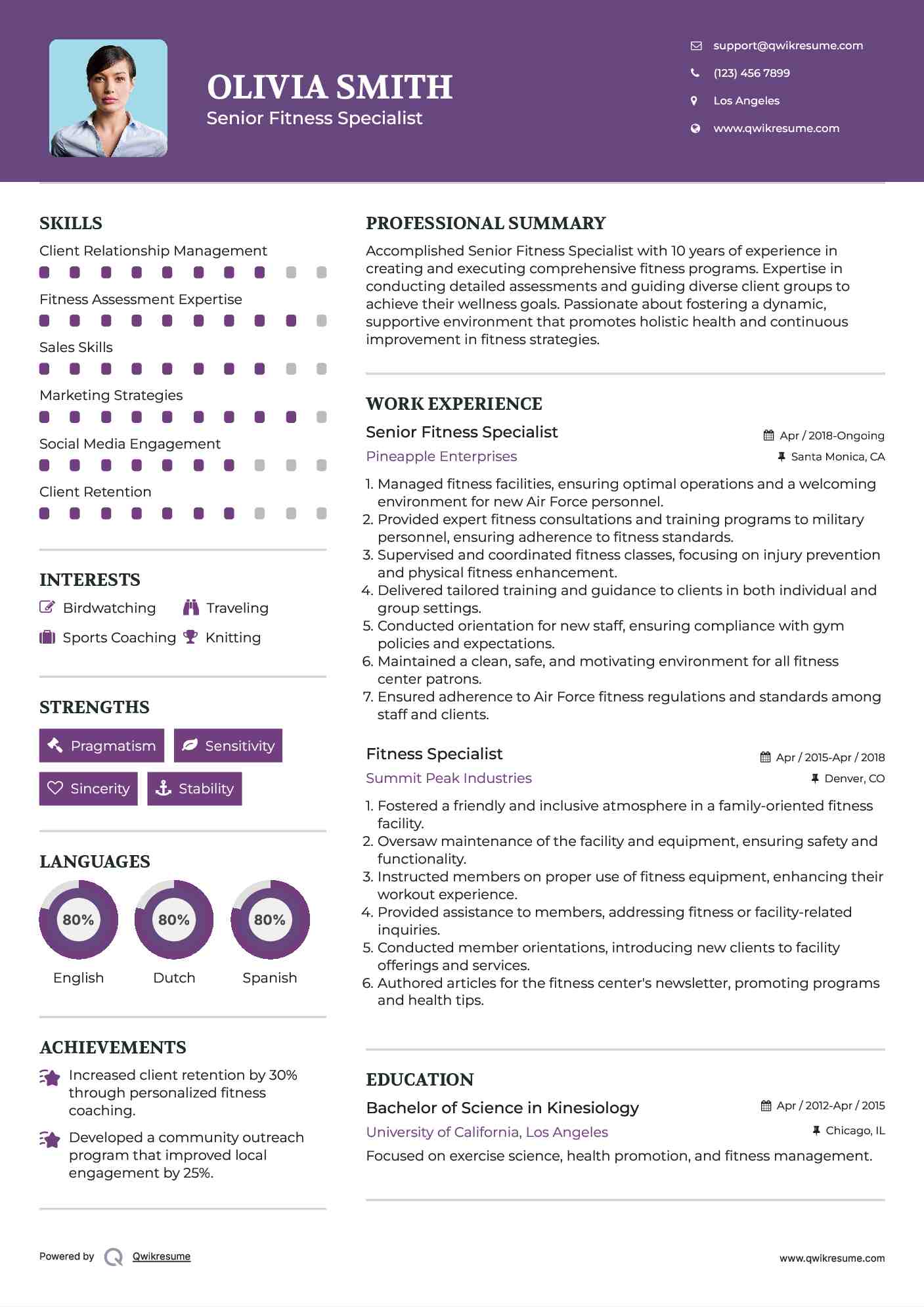 Senior Fitness Specialist  Resume Example