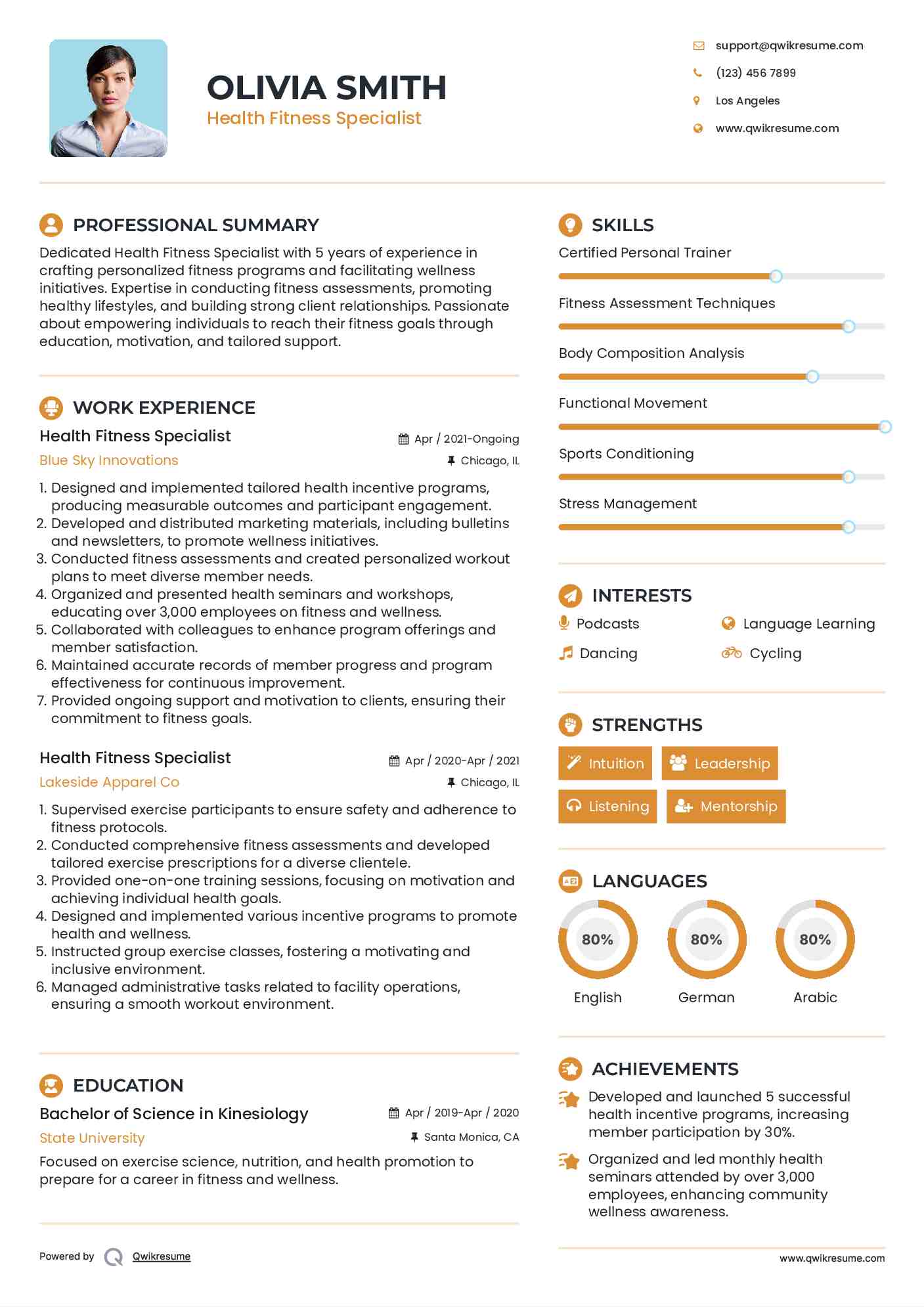 Health Fitness Specialist Resume Example