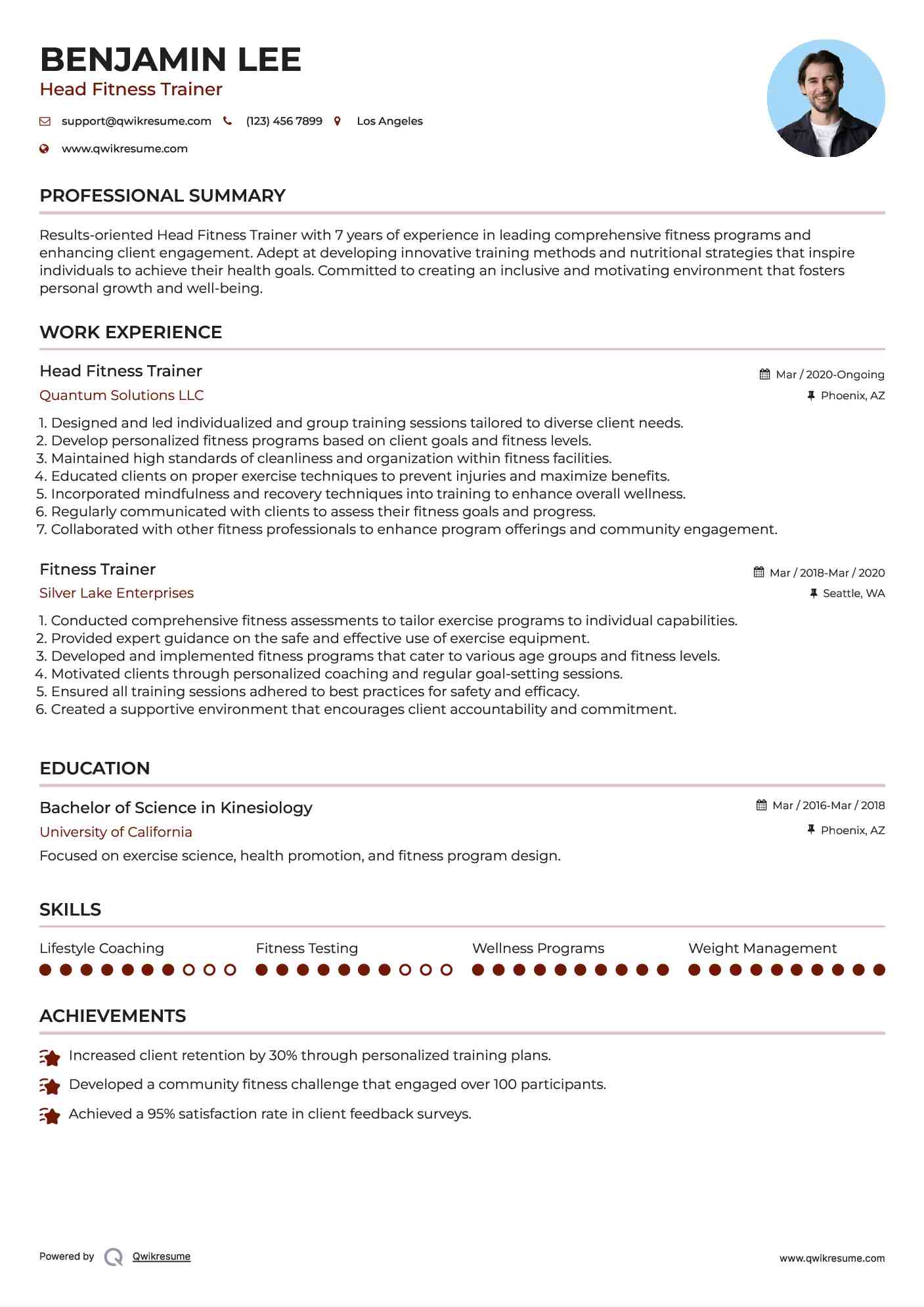 Head Fitness Trainer Resume Format