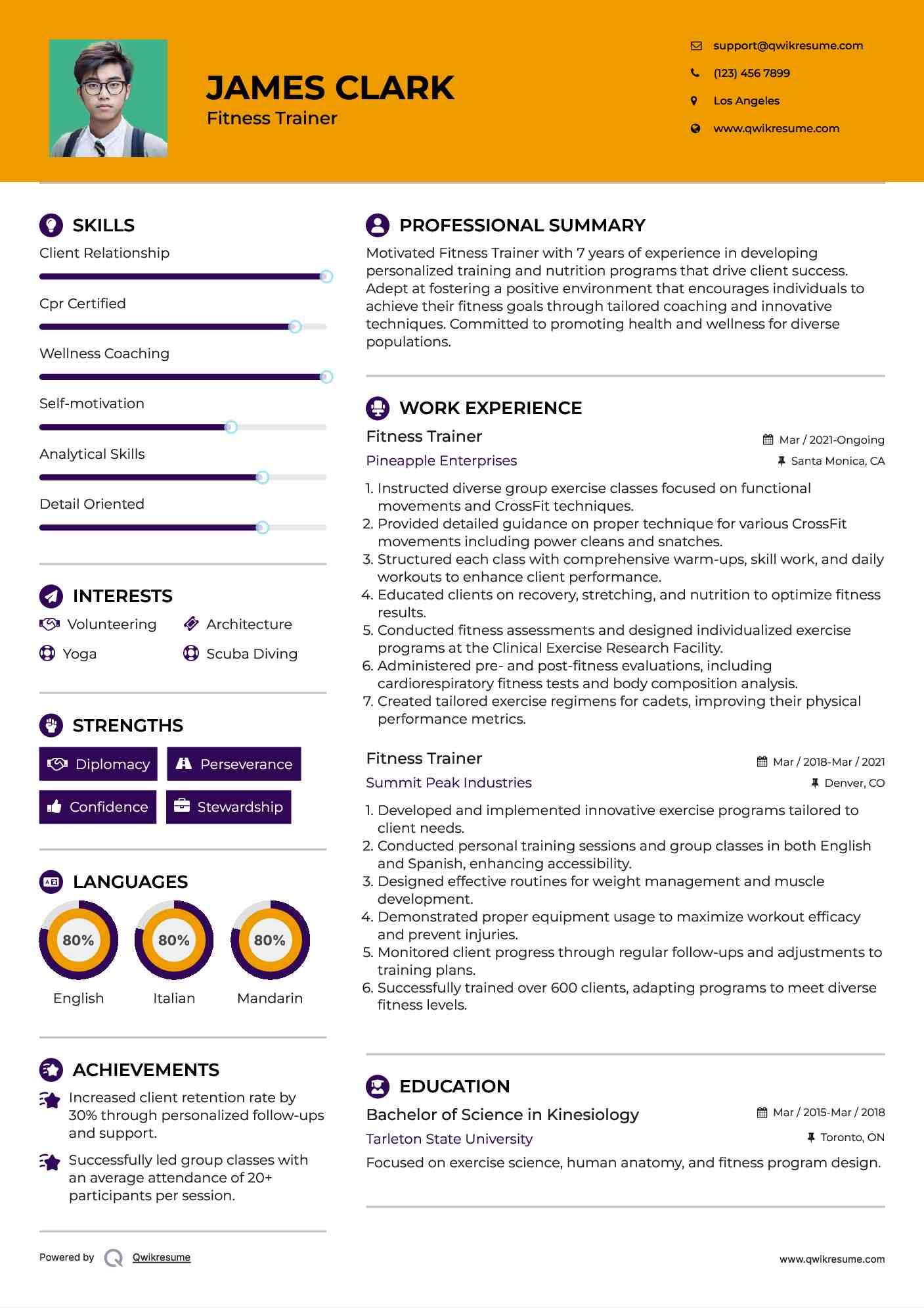 Fitness Trainer Resume Sample