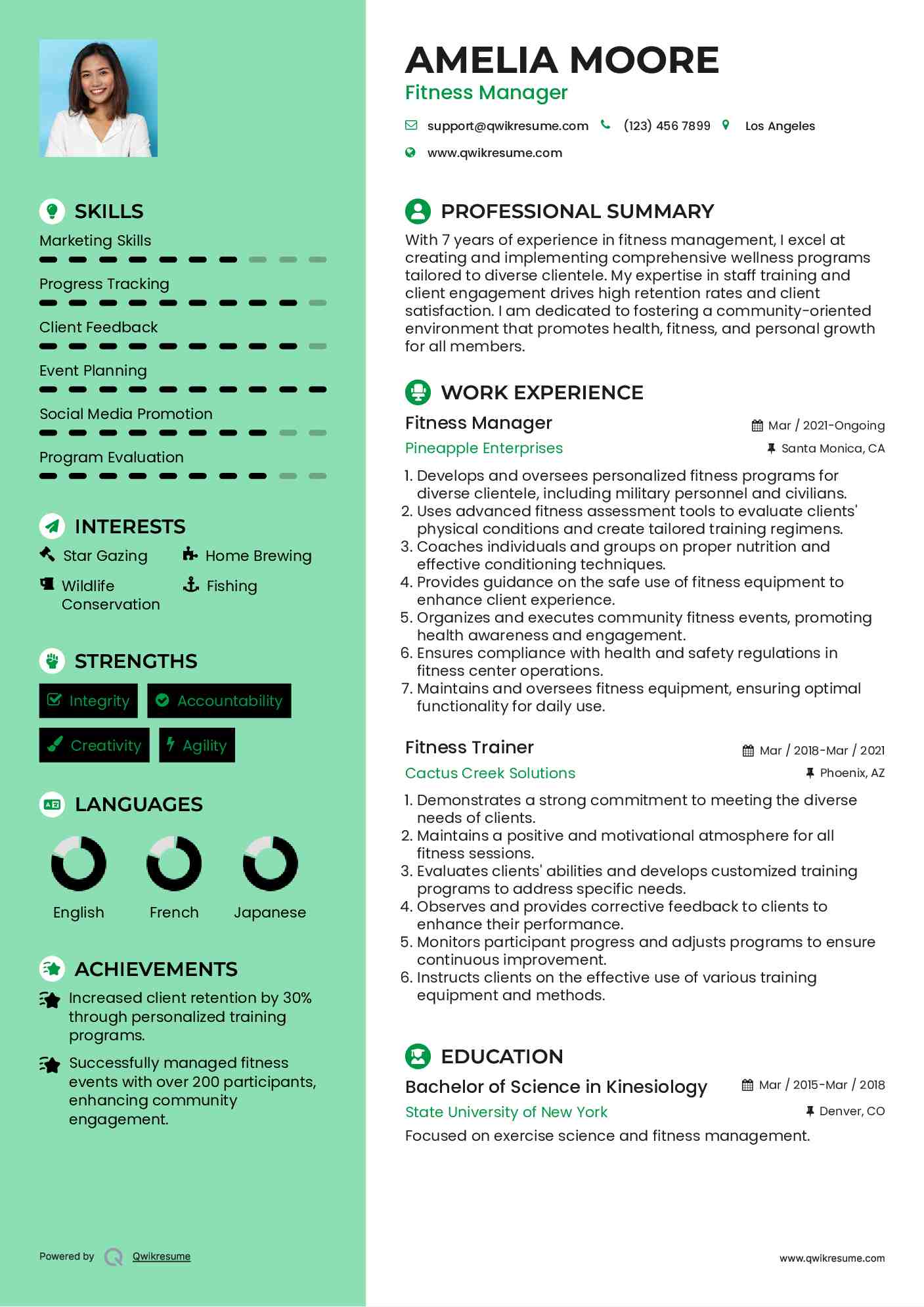 Fitness Manager Resume Model