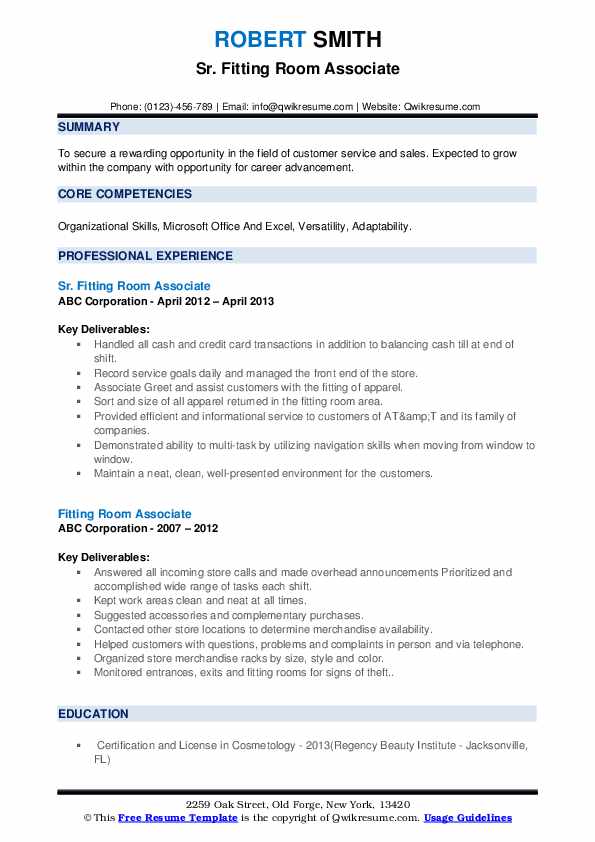 Fitting Room Associate Resume Samples QwikResume