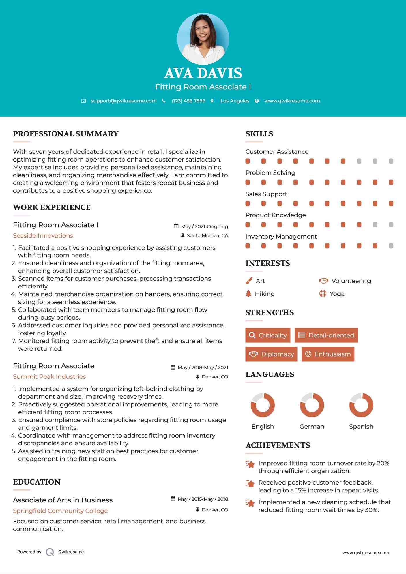 Fitting Room Associate I Resume Model