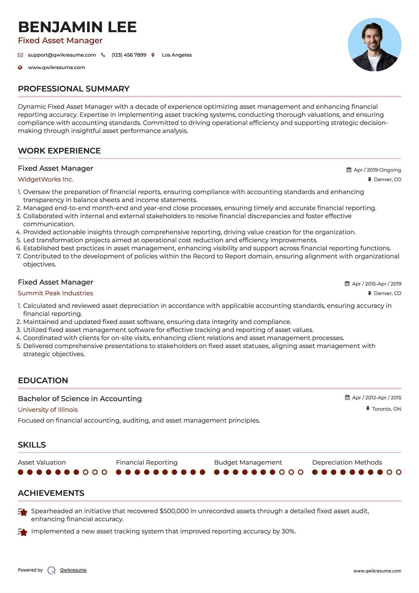 Fixed Asset Manager Resume Format