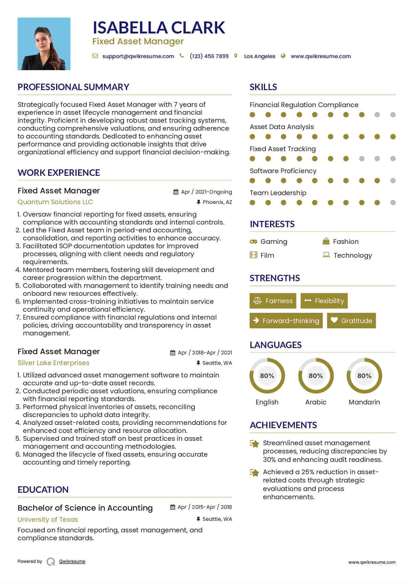 Fixed Asset Manager Resume Sample