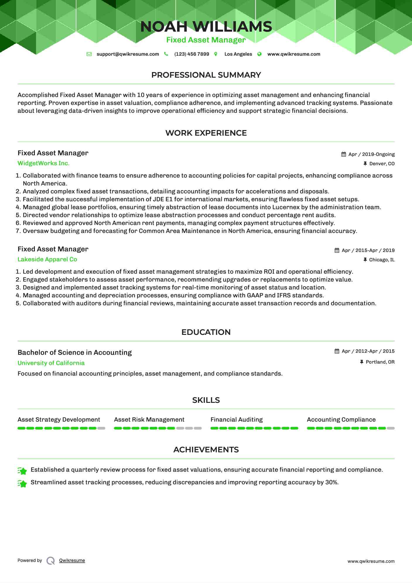 Fixed Asset Manager Resume Template