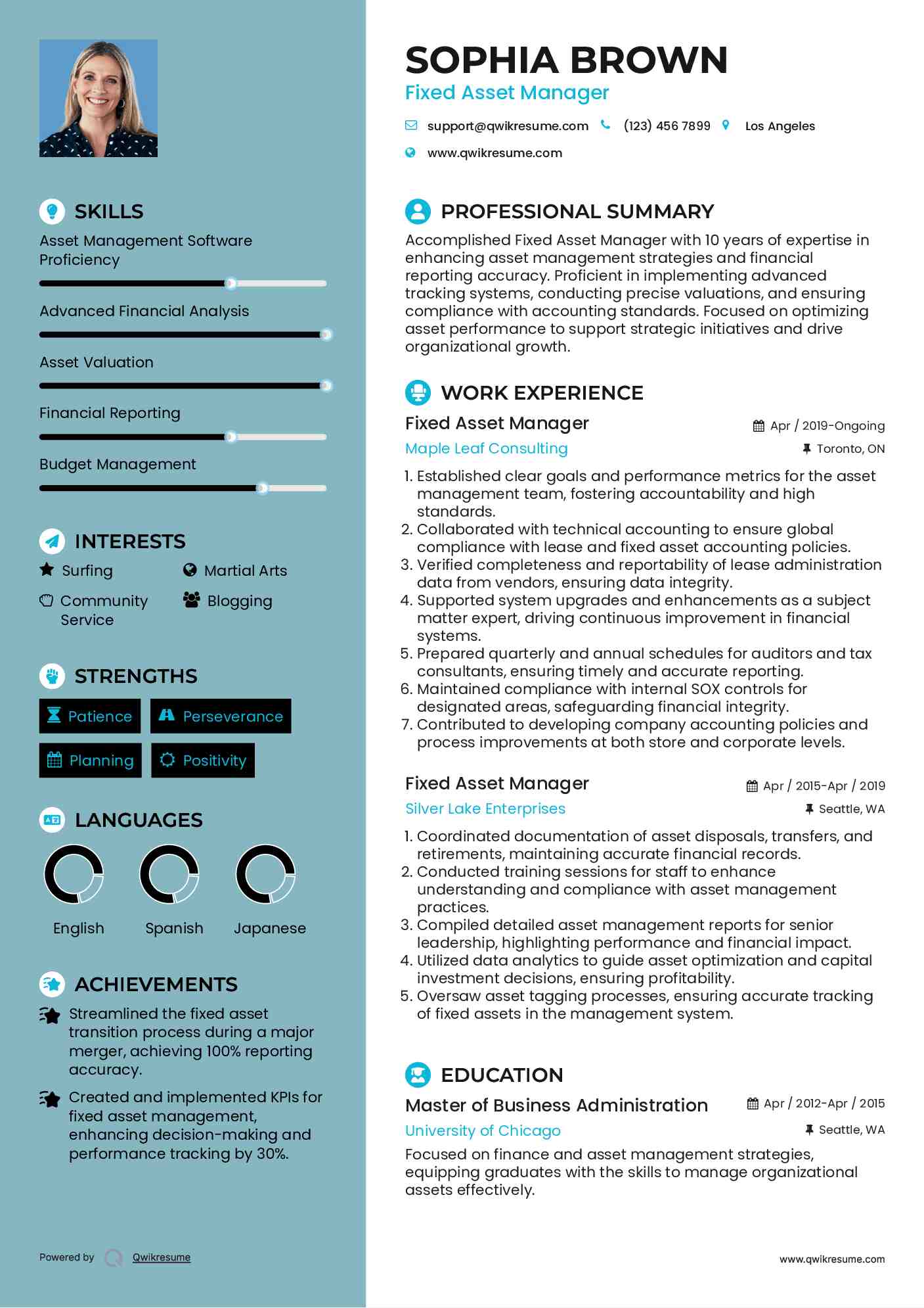Fixed Asset Manager Resume Sample
