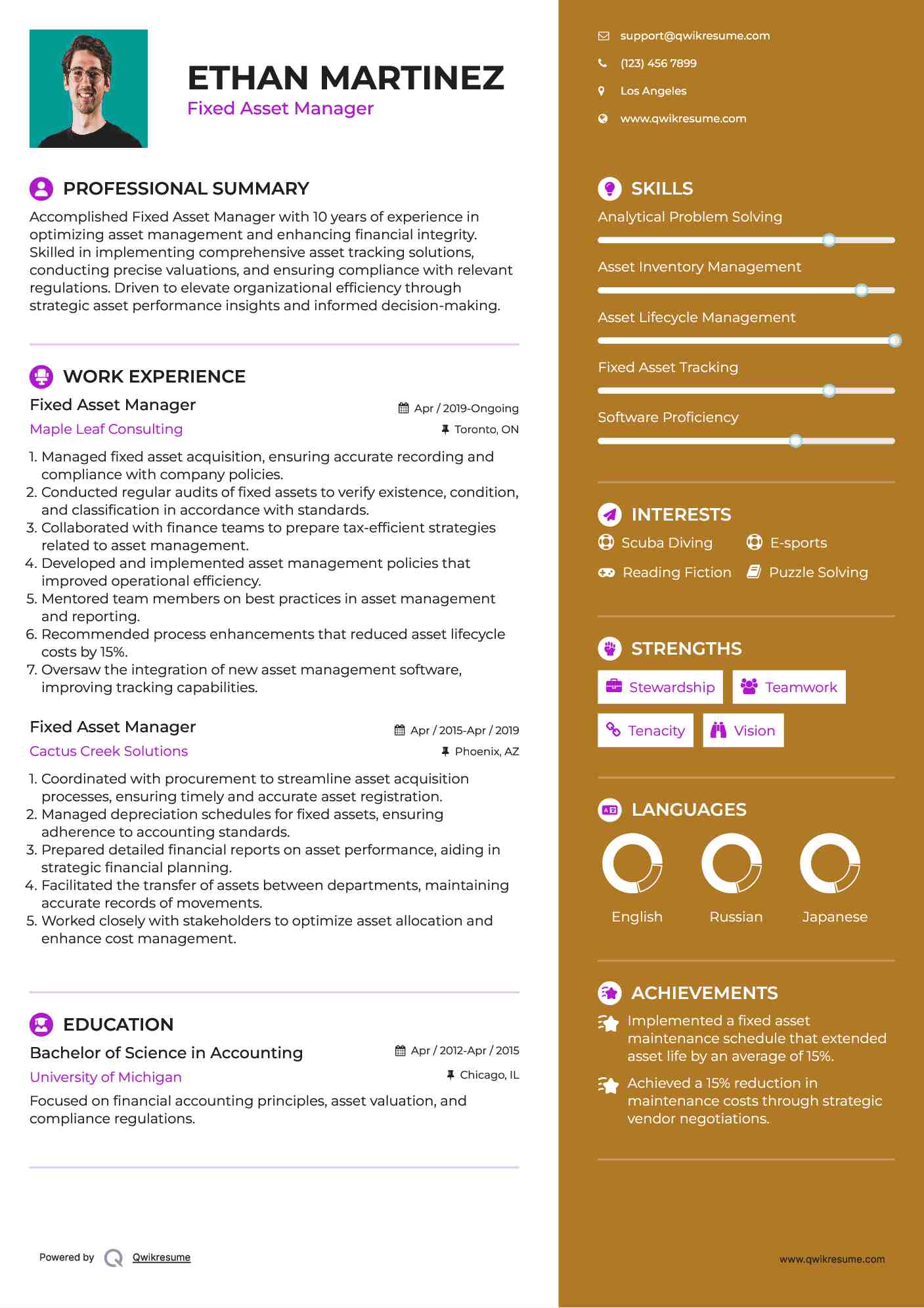 Fixed Asset Manager Resume Sample