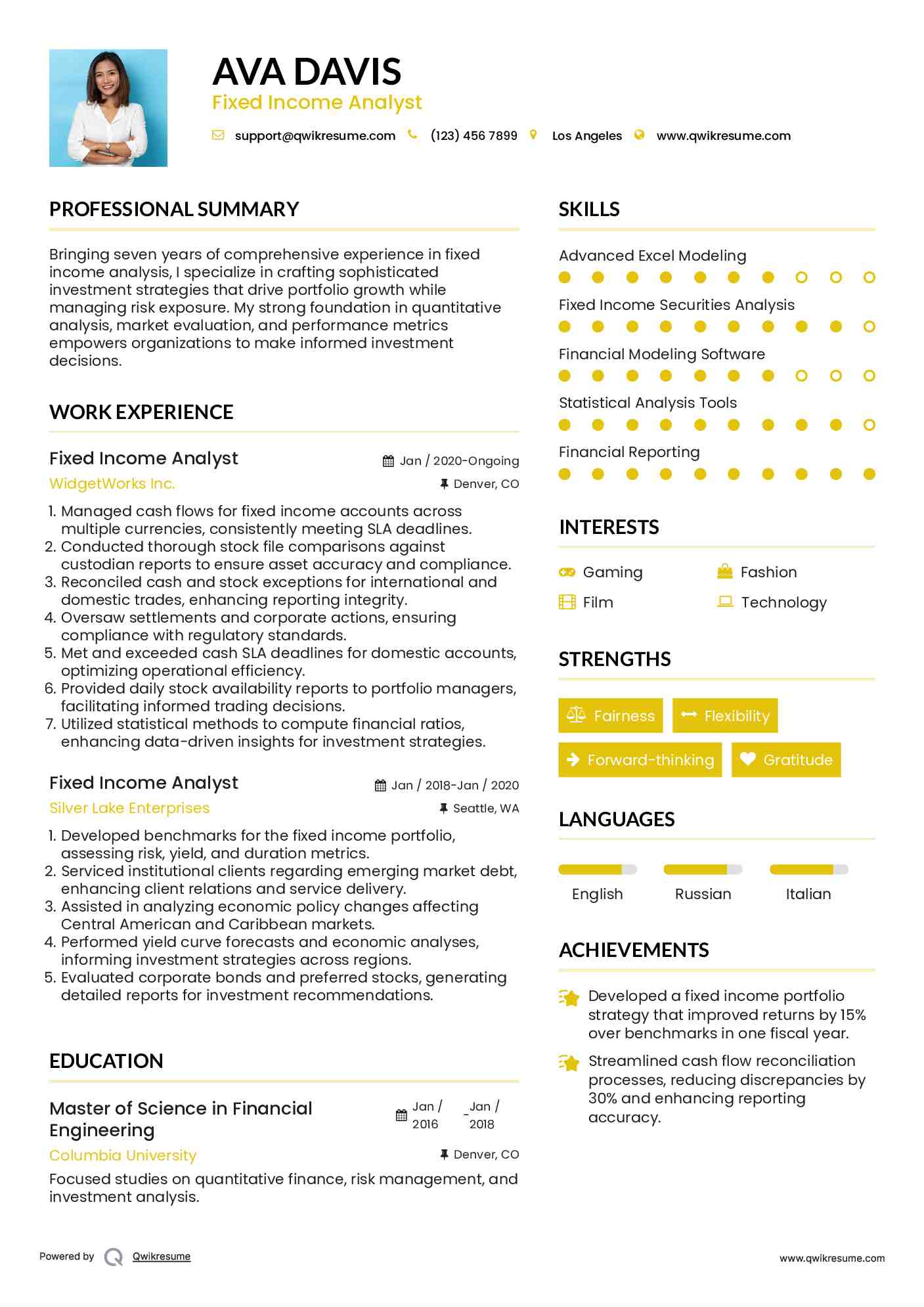 Fixed Income Analyst Resume Model