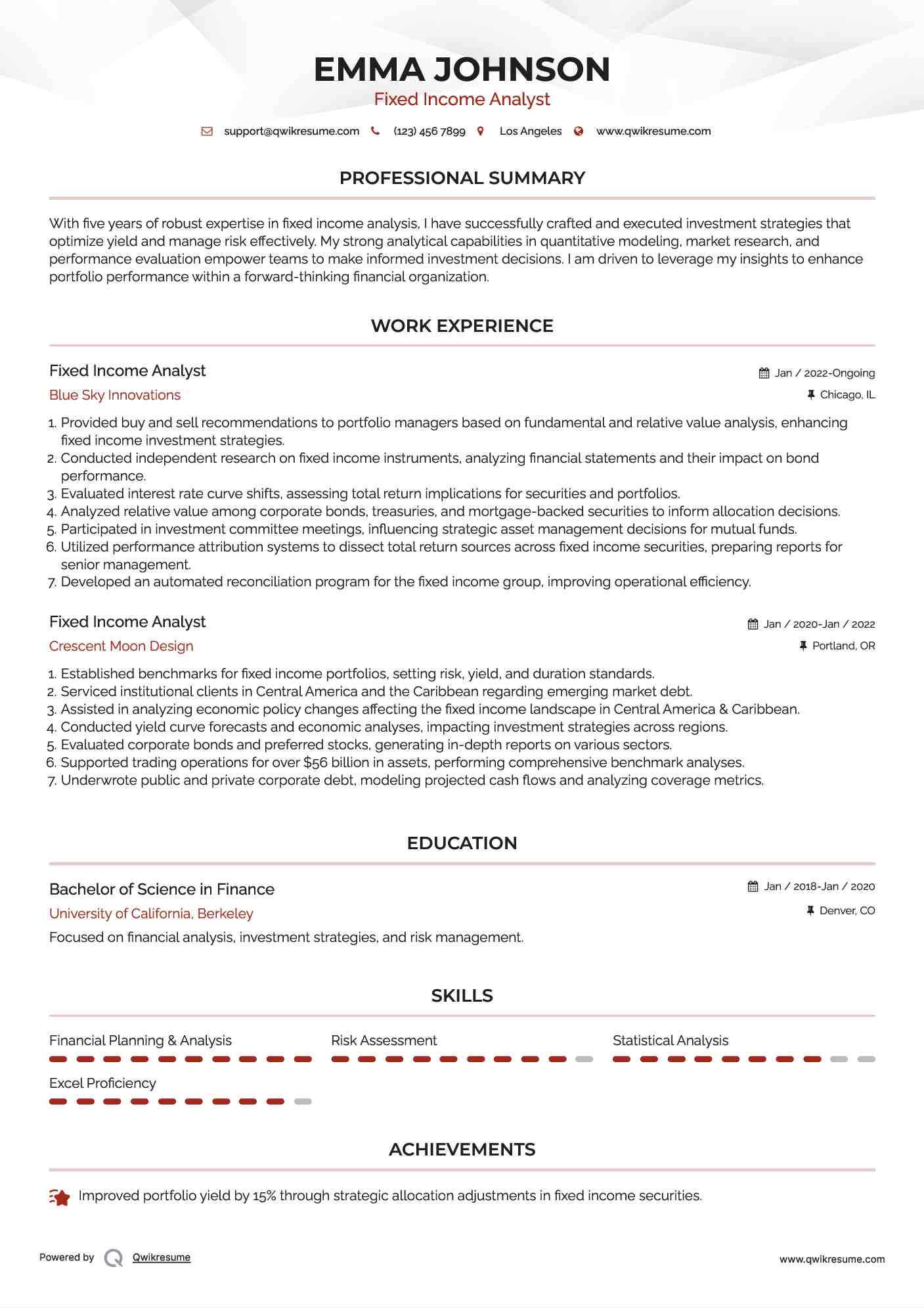 Fixed Income Analyst Resume Sample
