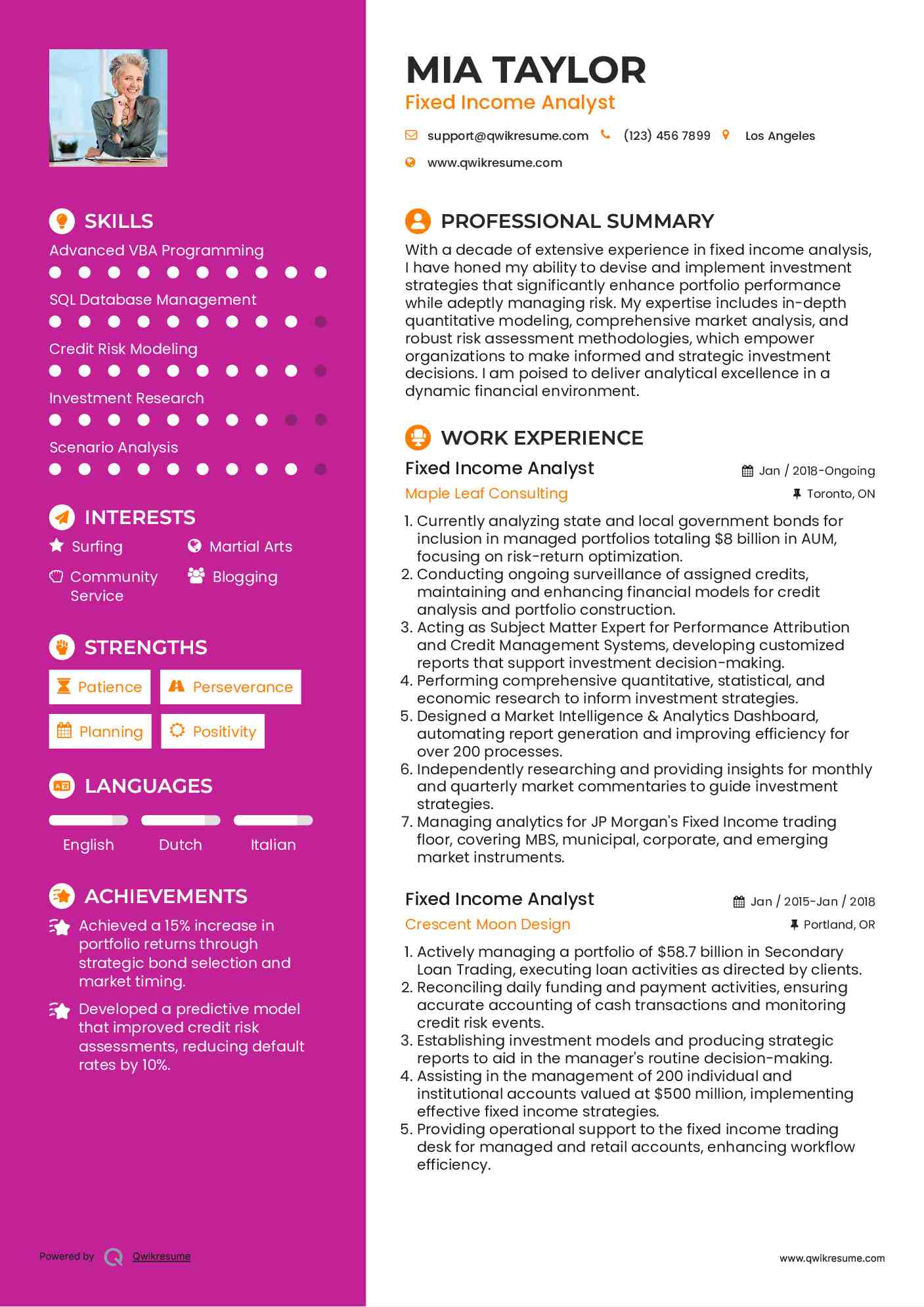 Fixed Income Analyst Resume Model