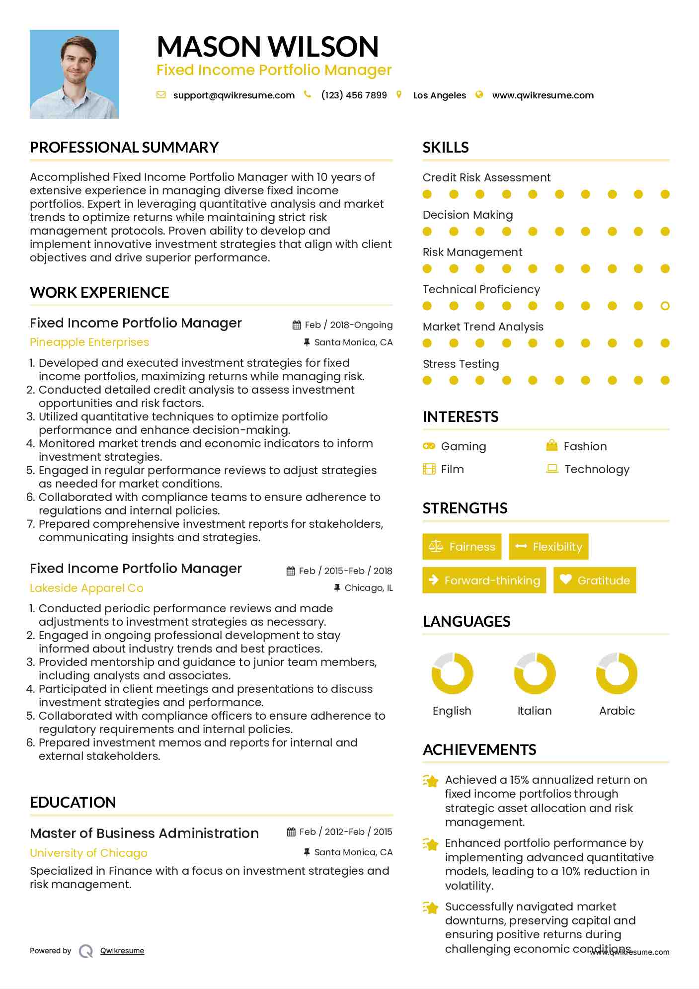 Fixed Income Portfolio Manager Resume Model