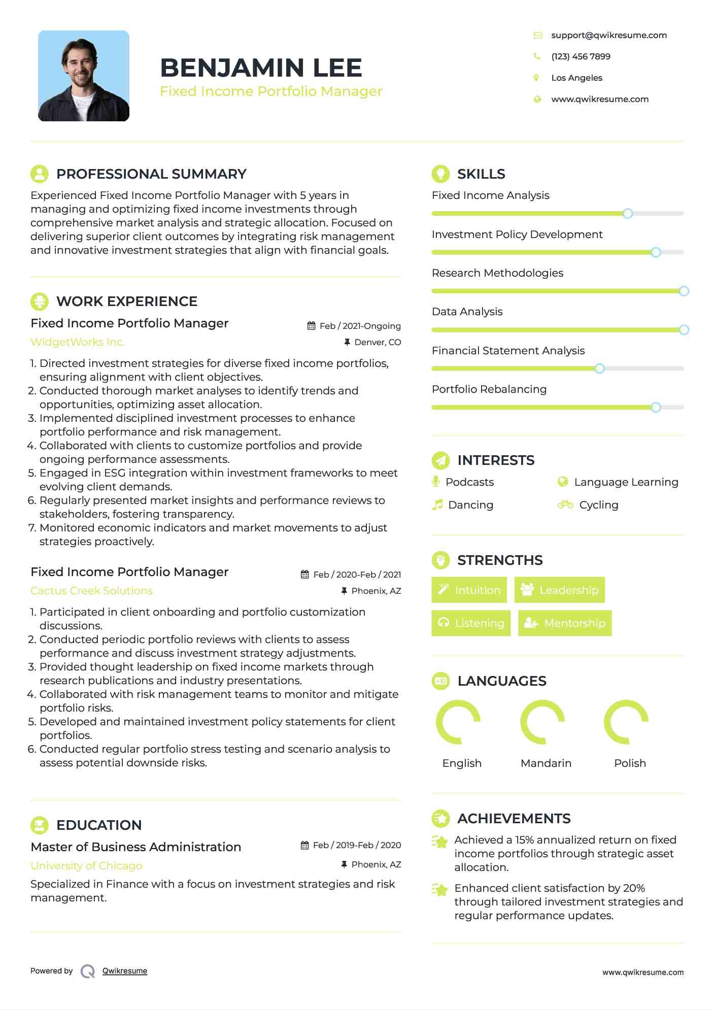 Fixed Income Portfolio Manager Resume Sample