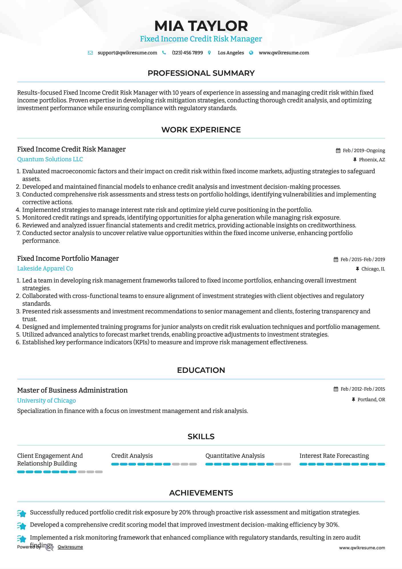 Fixed Income Credit Risk Manager
 Resume Model