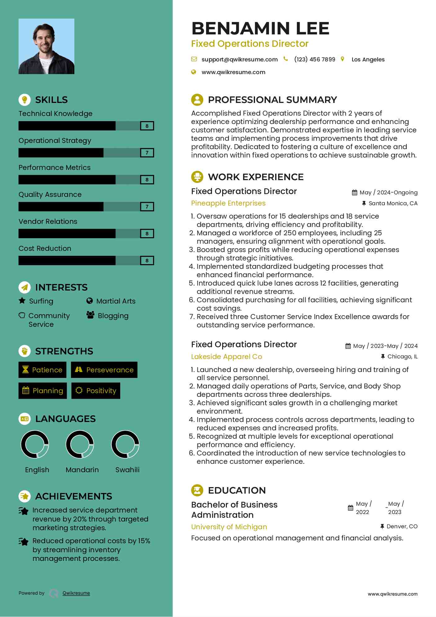 Fixed Operations Director Resume Template
