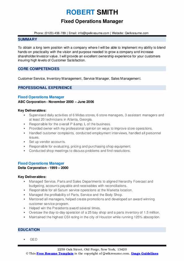 Fixed Operations Manager Resume Samples QwikResume