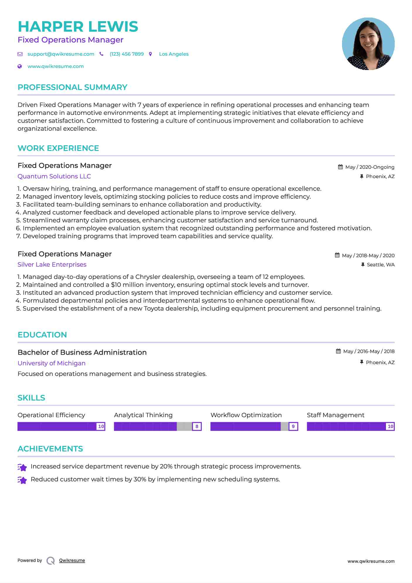 Fixed Operations Manager Resume Samples QwikResume