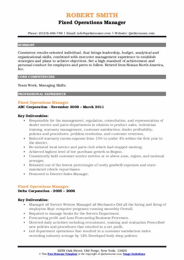 Fixed Operations Manager Resume Samples QwikResume