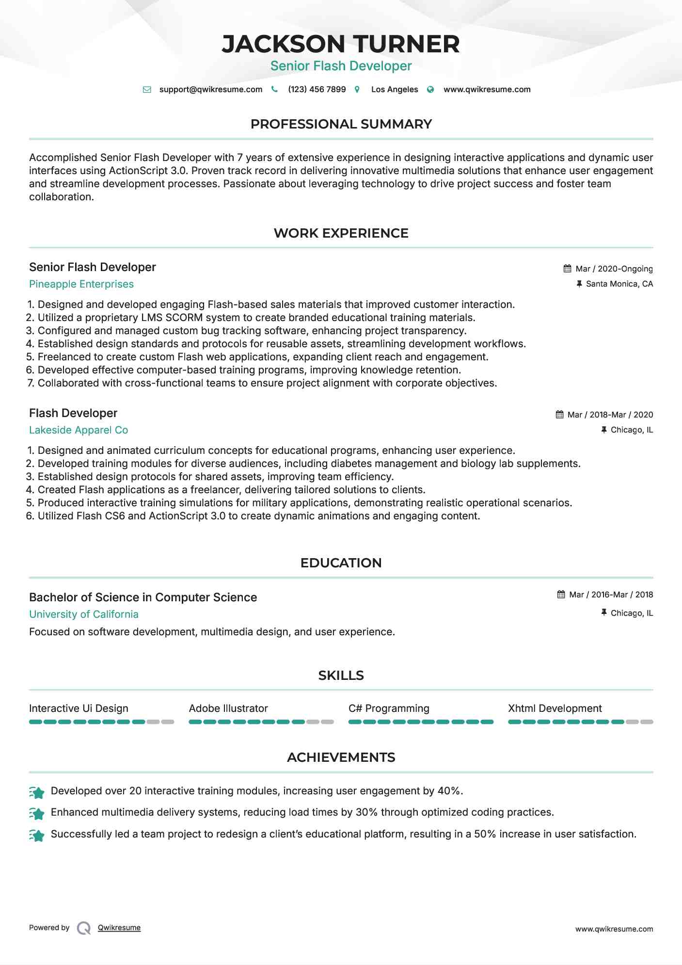 Senior Flash Developer Resume Example