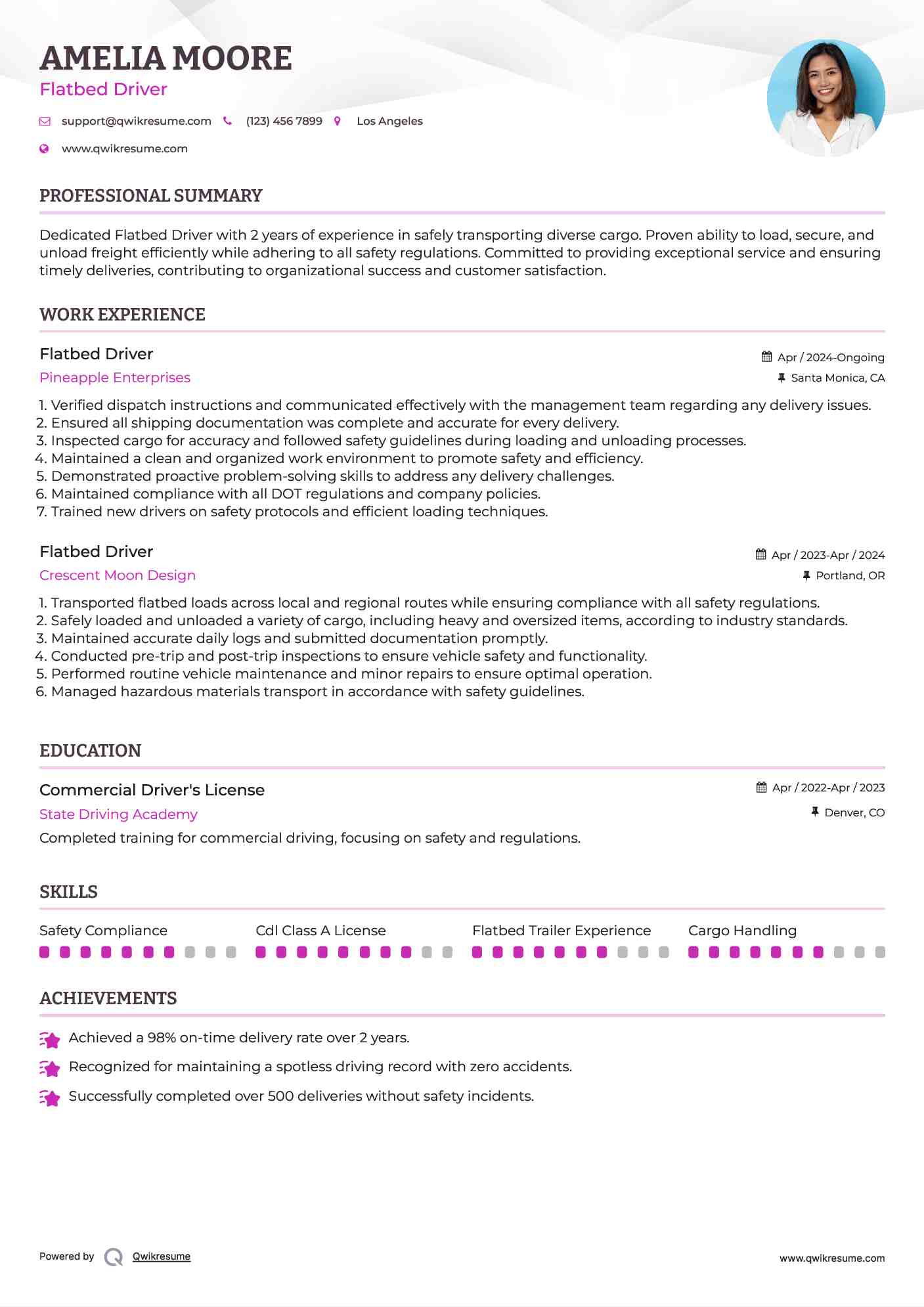 Flatbed Driver Resume Example