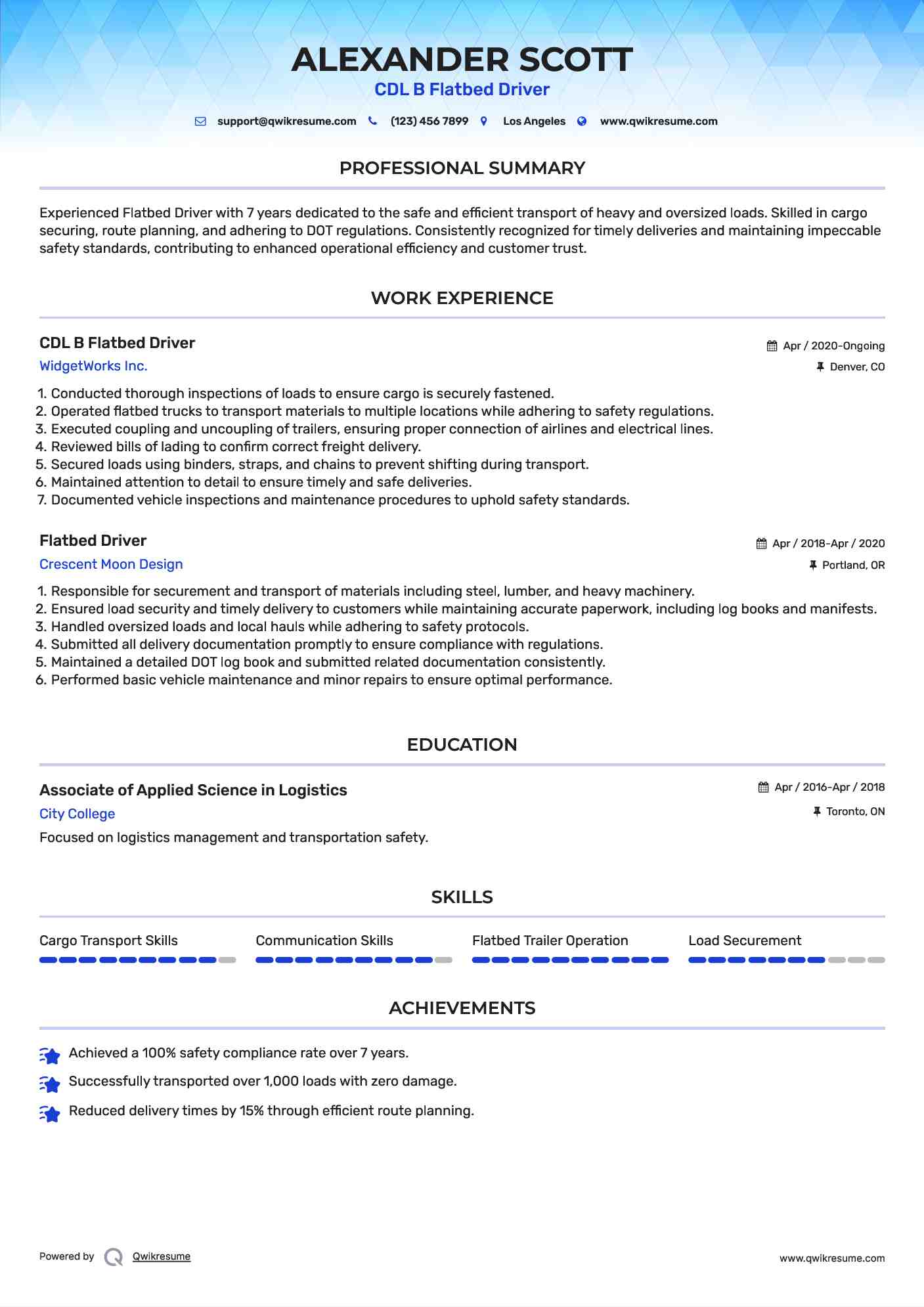 CDL B Flatbed Driver
 Resume Model