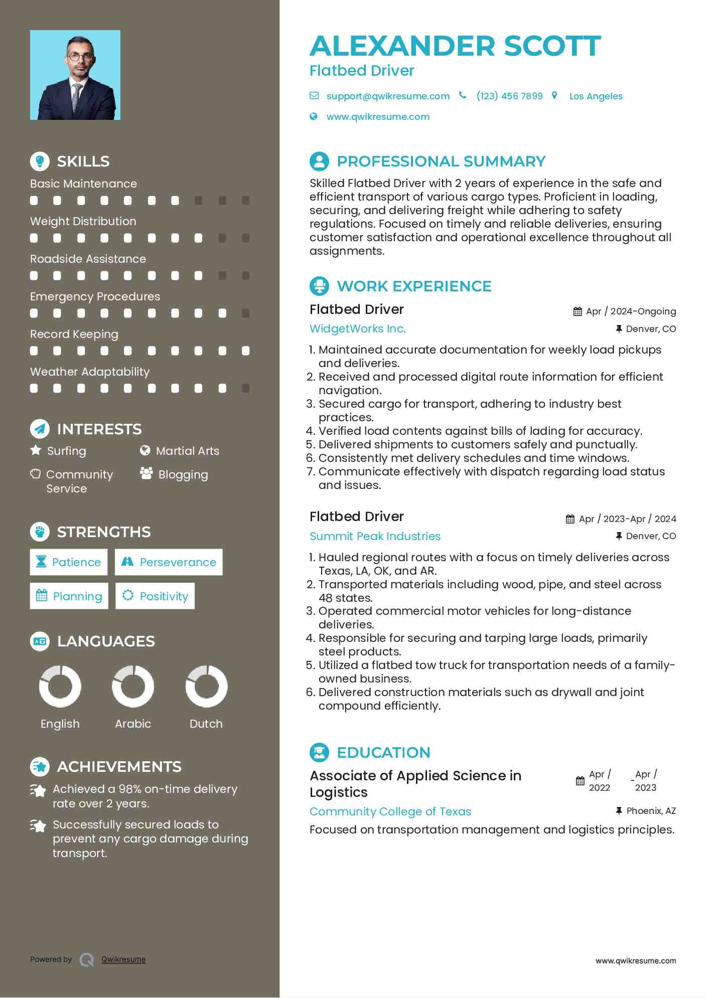 Flatbed Driver Resume Sample