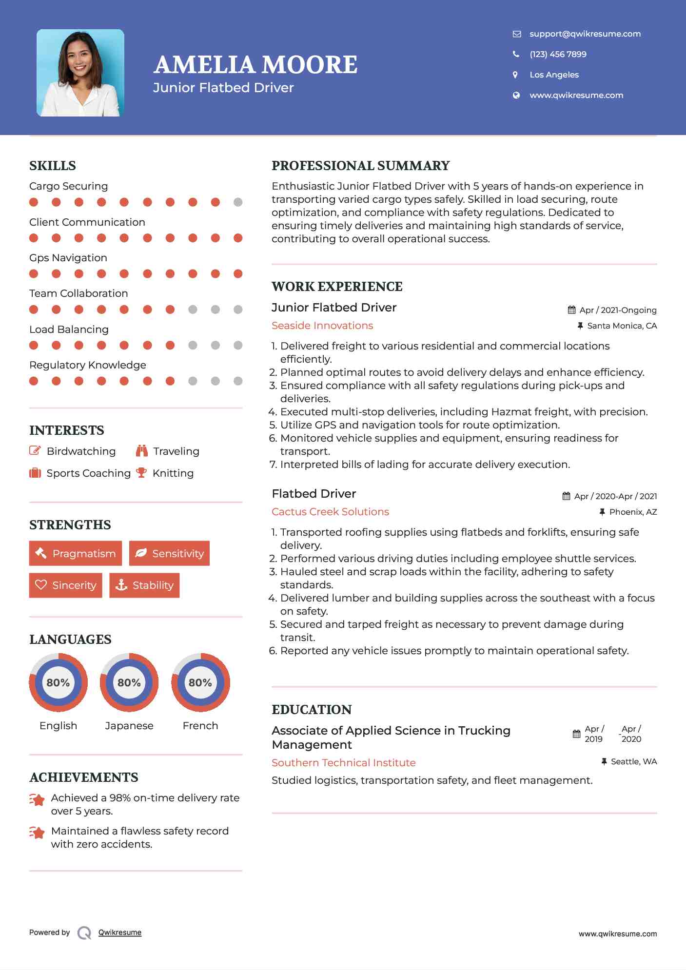 Junior Flatbed Driver Resume Sample