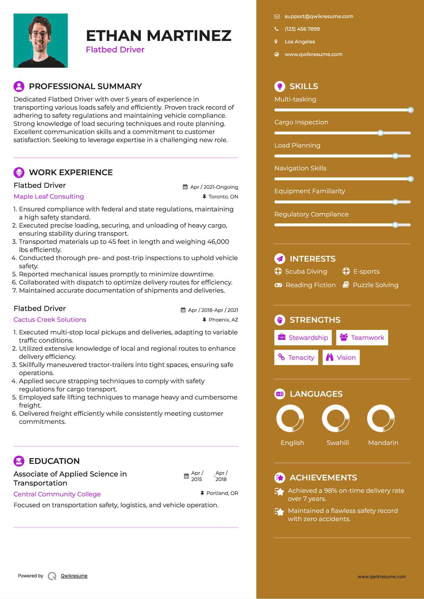 Flatbed Driver Resume Sample