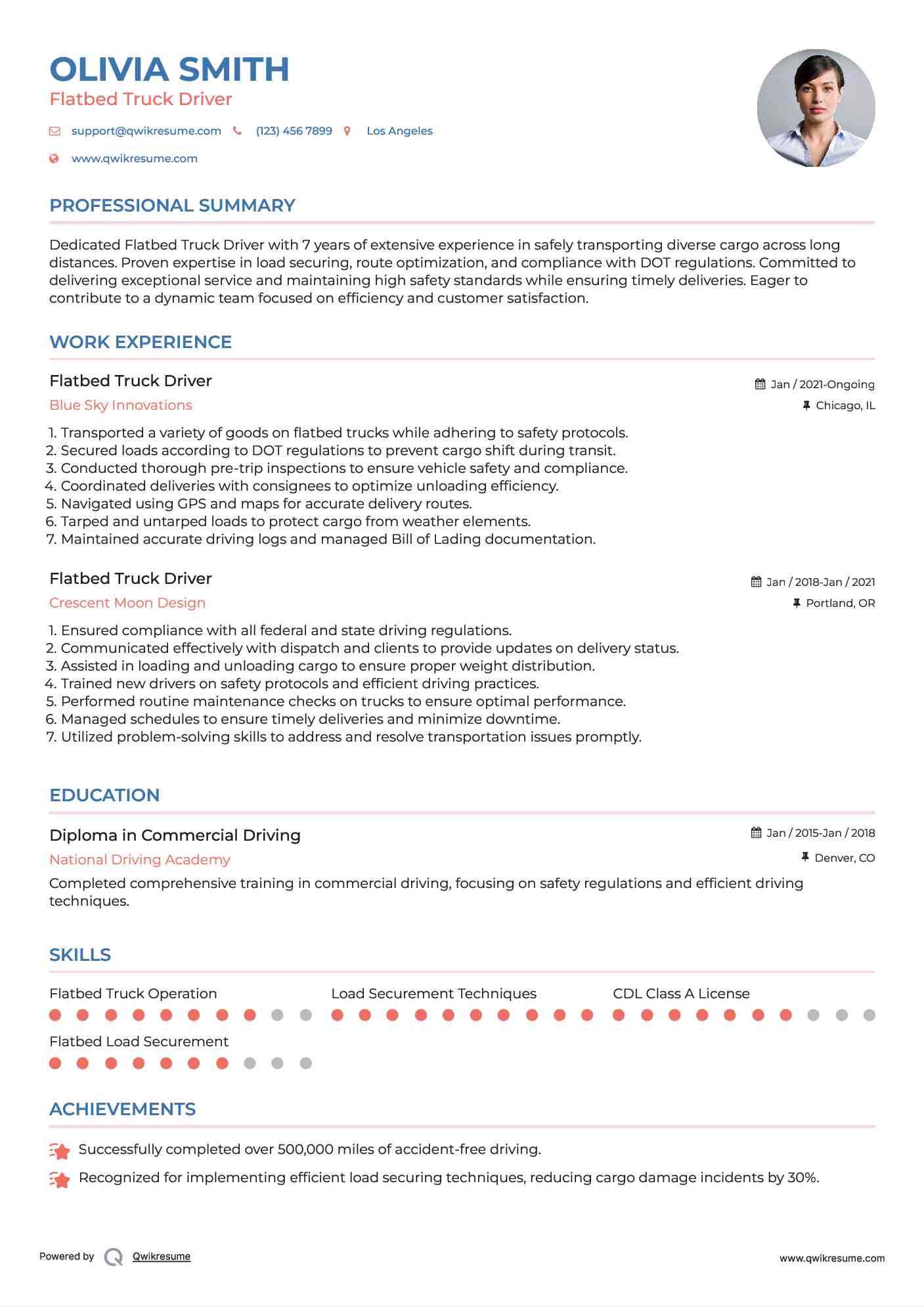 Flatbed Truck Driver Resume Sample