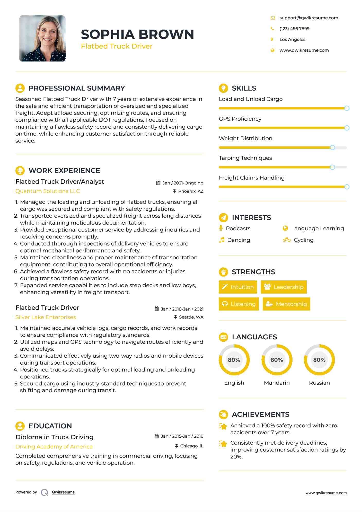 Flatbed Truck Driver/Analyst Resume Template