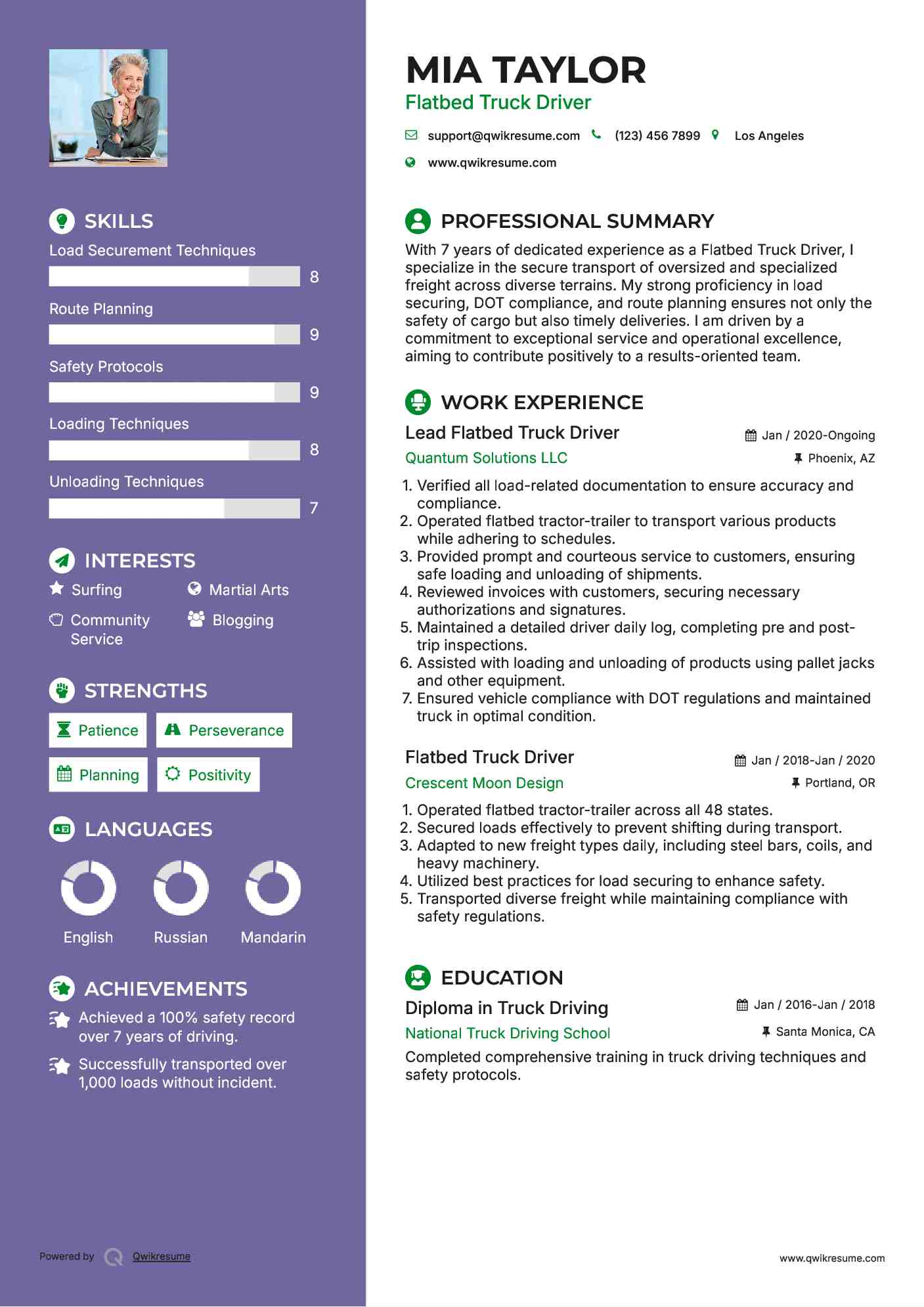 Lead Flatbed Truck Driver Resume Example