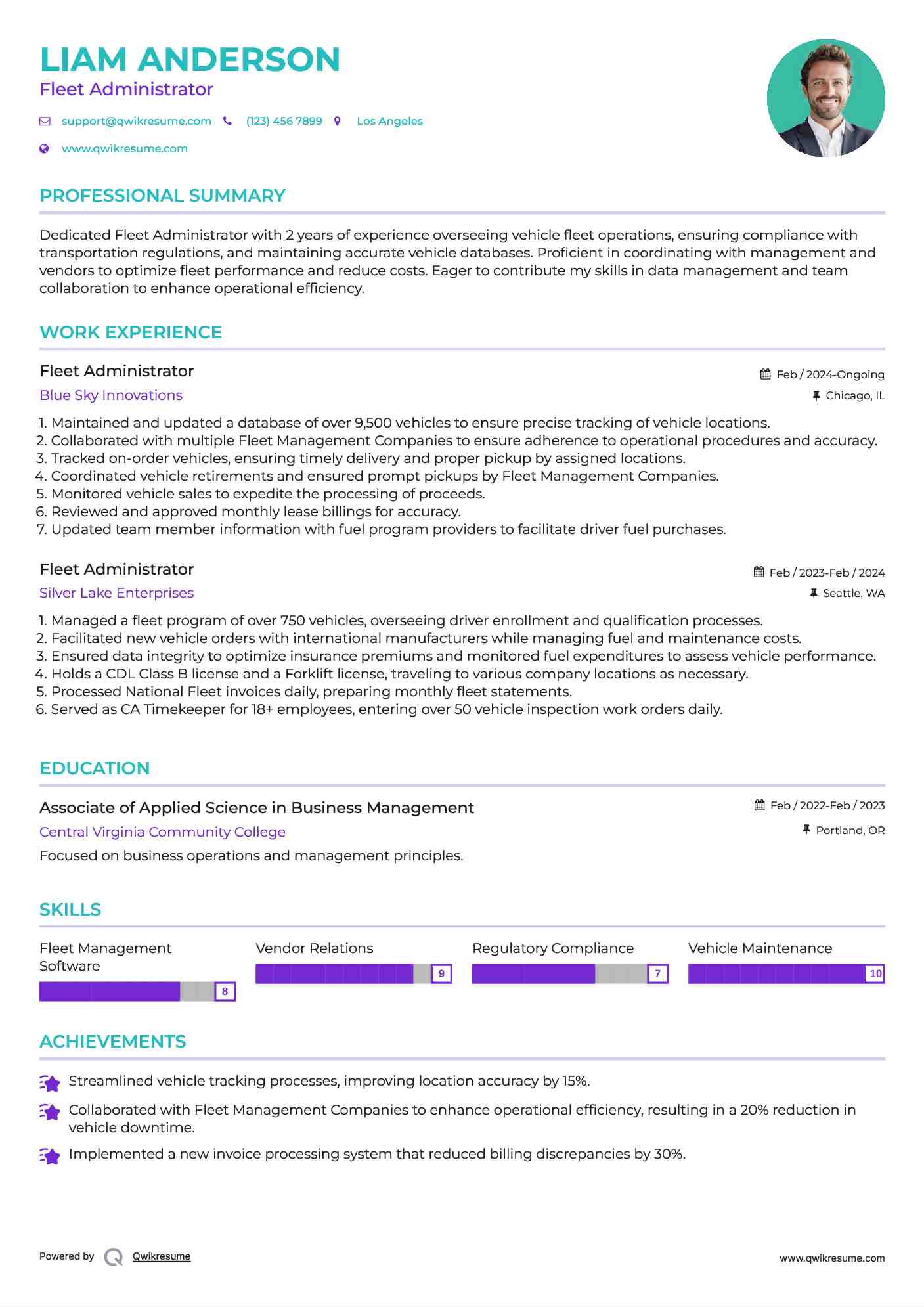 Fleet Administrator Resume Model